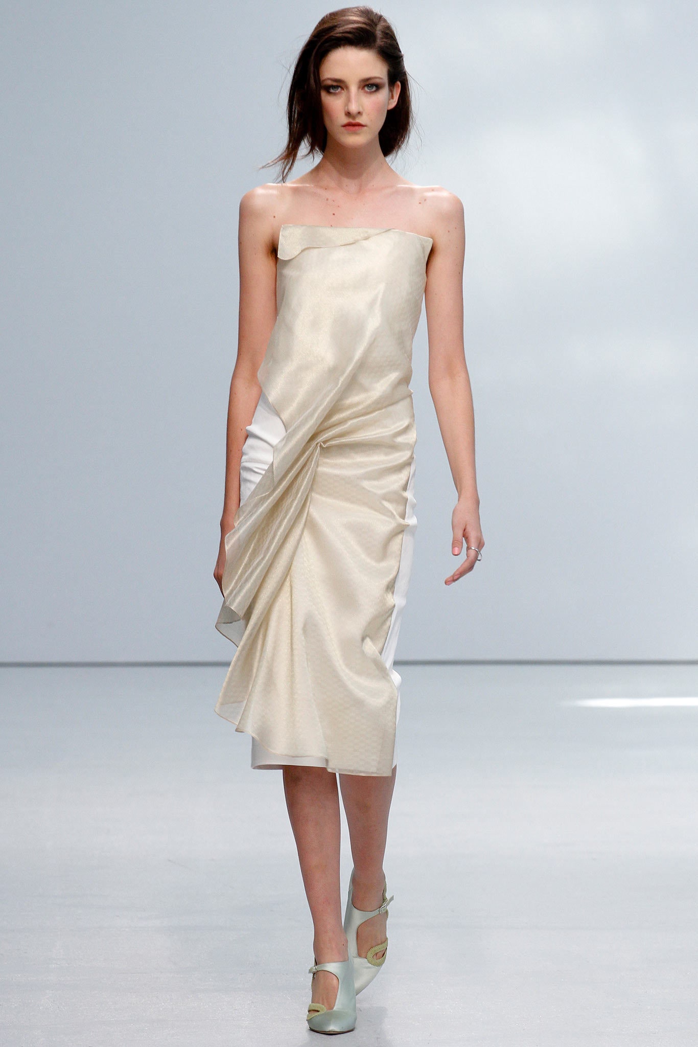 white beige strapless draped dress