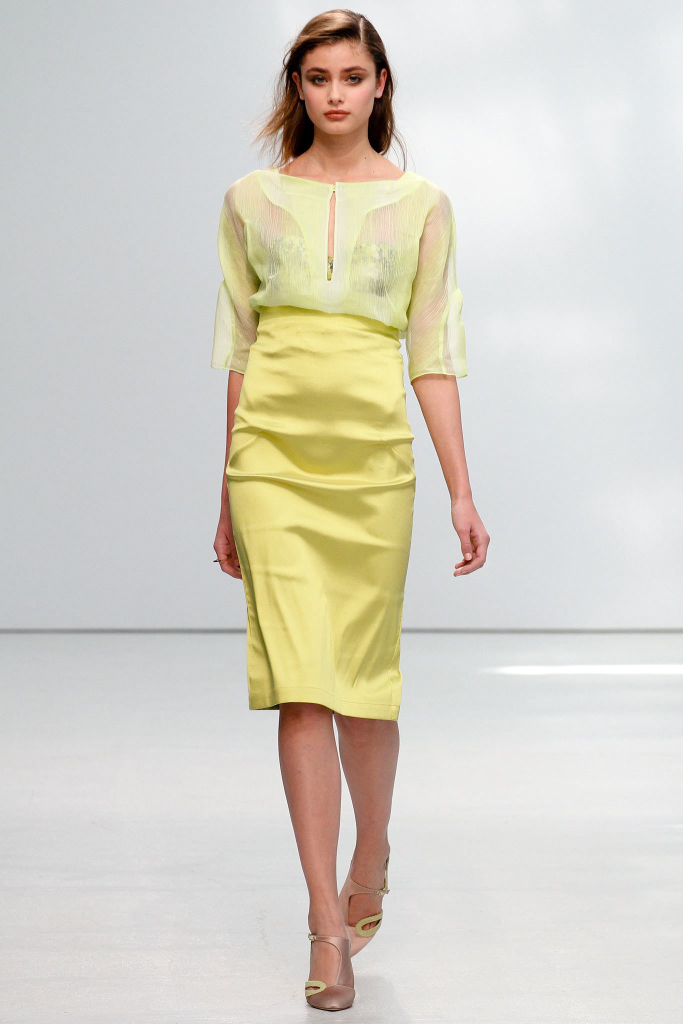 yellow fitted midi dress with sheer top