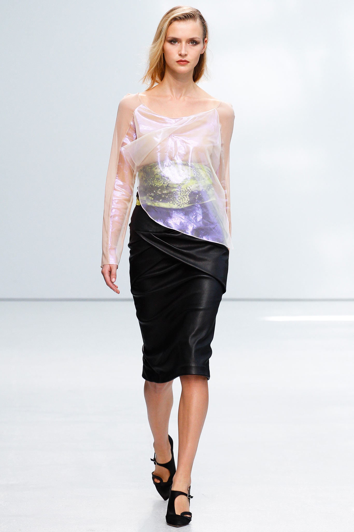 sheer white top with black pencil skirt