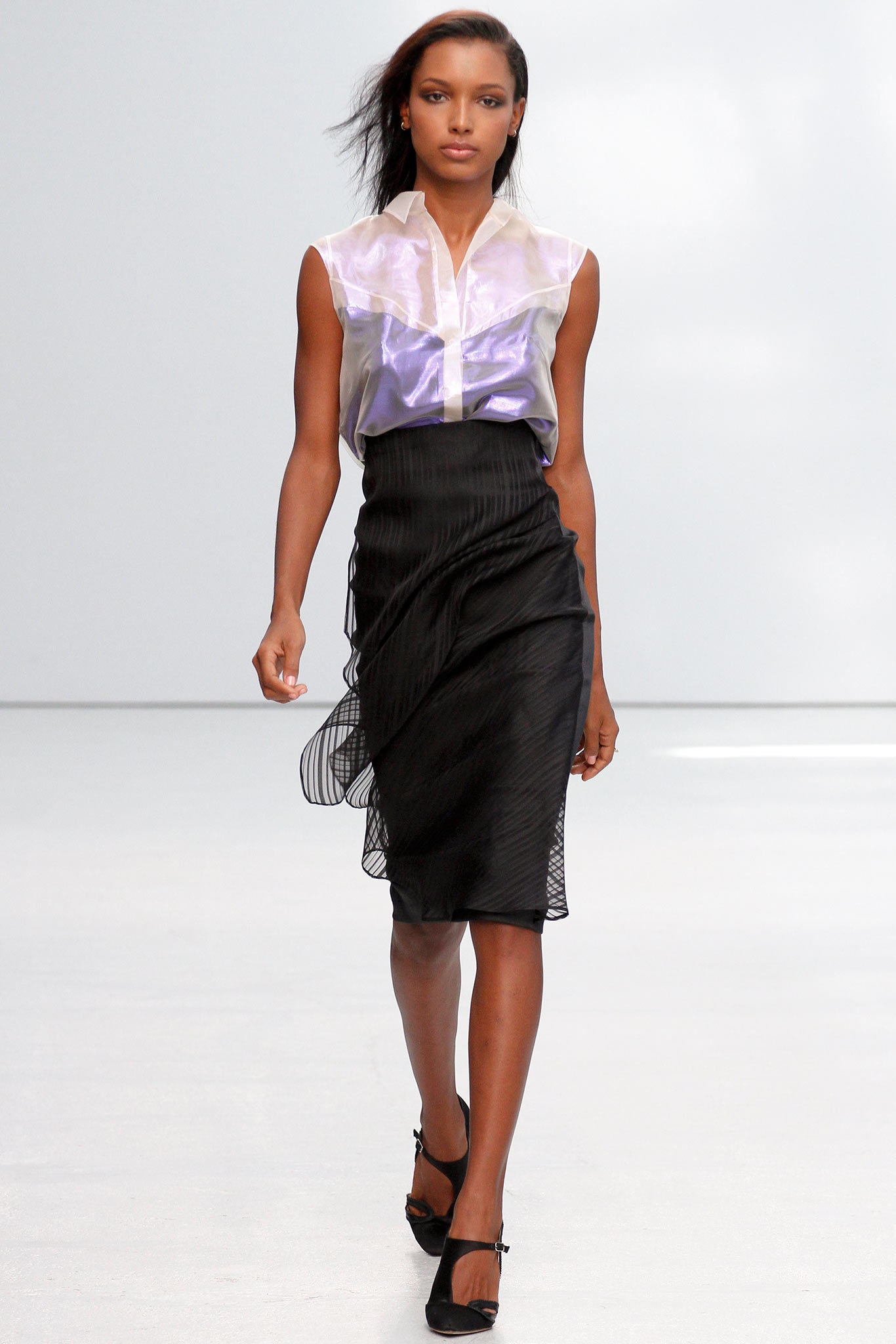 fitted silk blouse and midi skirt