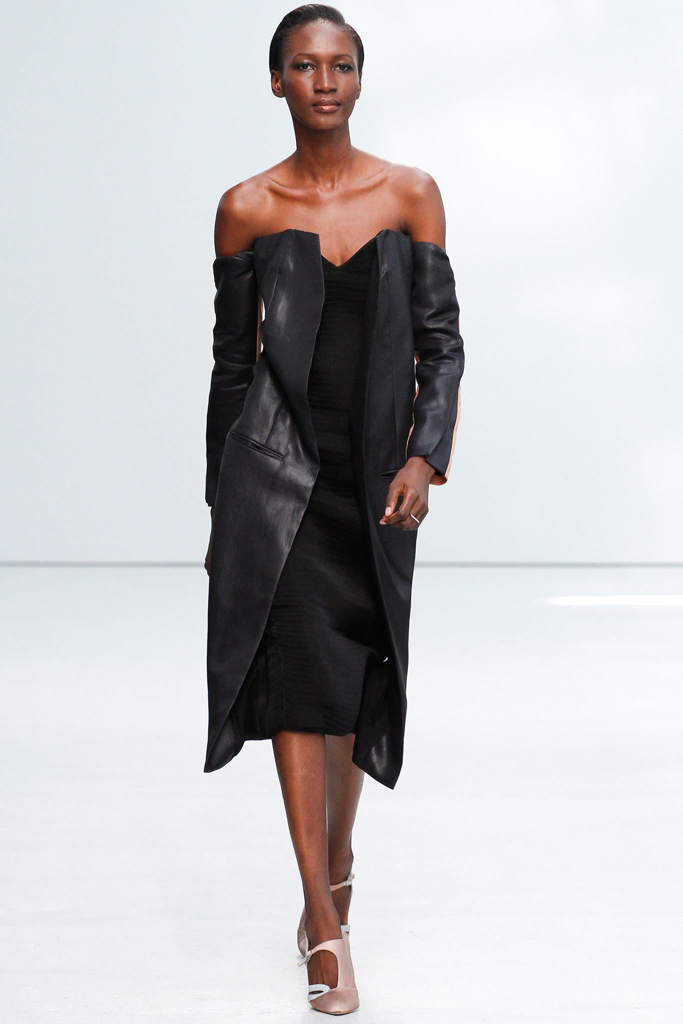 black leather off-shoulder dress and coat
