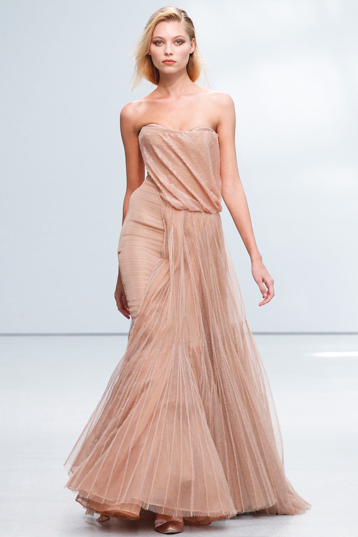 beige pleated strapless gown