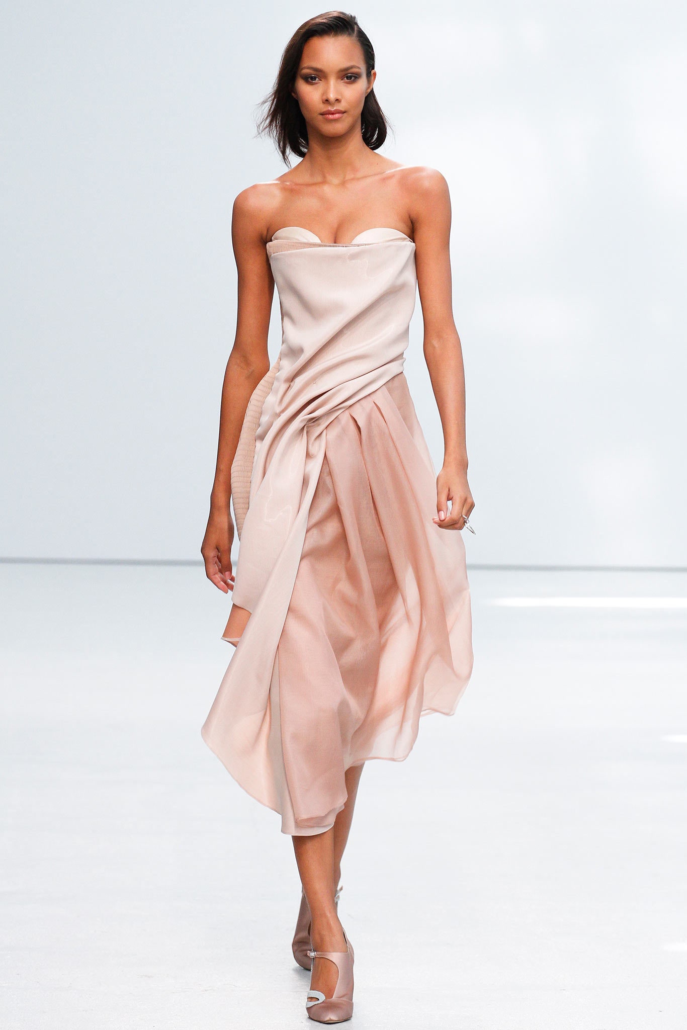 beige pink strapless draped dress