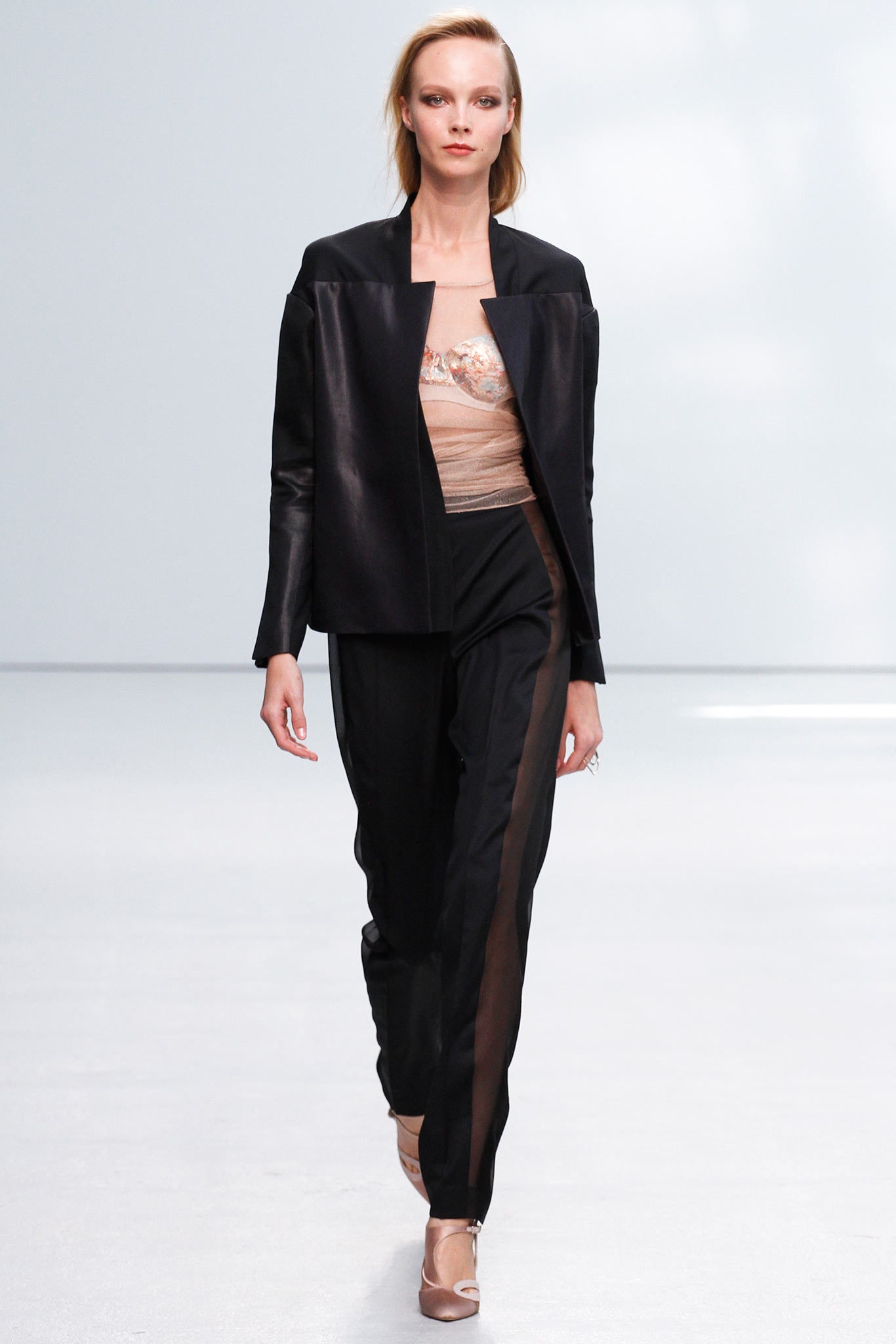 black silk tailored blazer with beige top