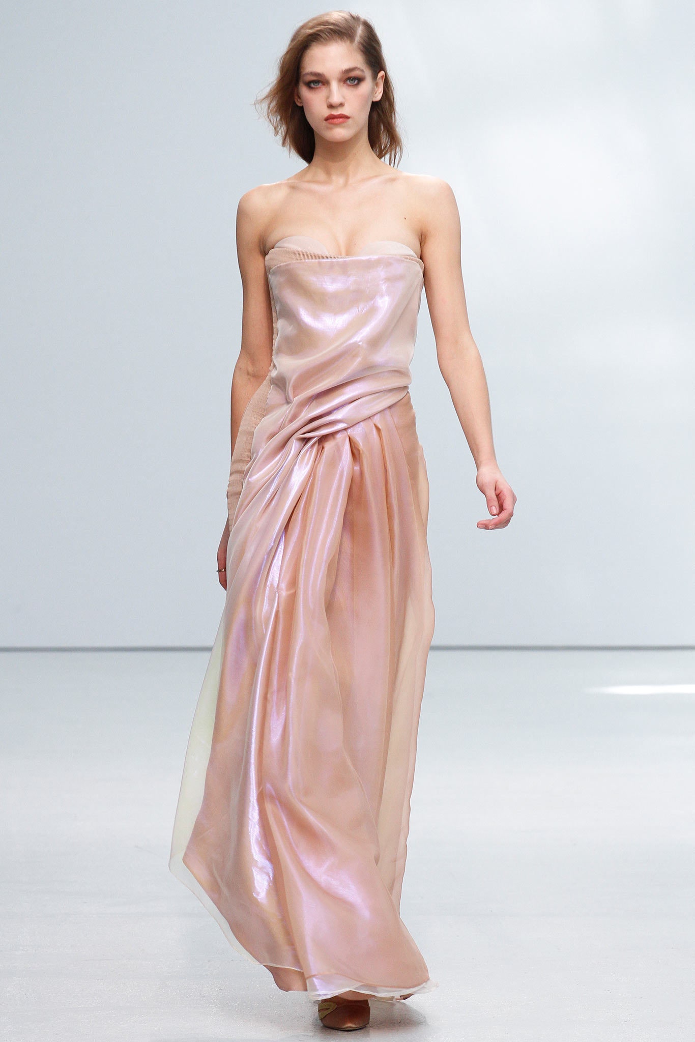 pink silk strapless gown