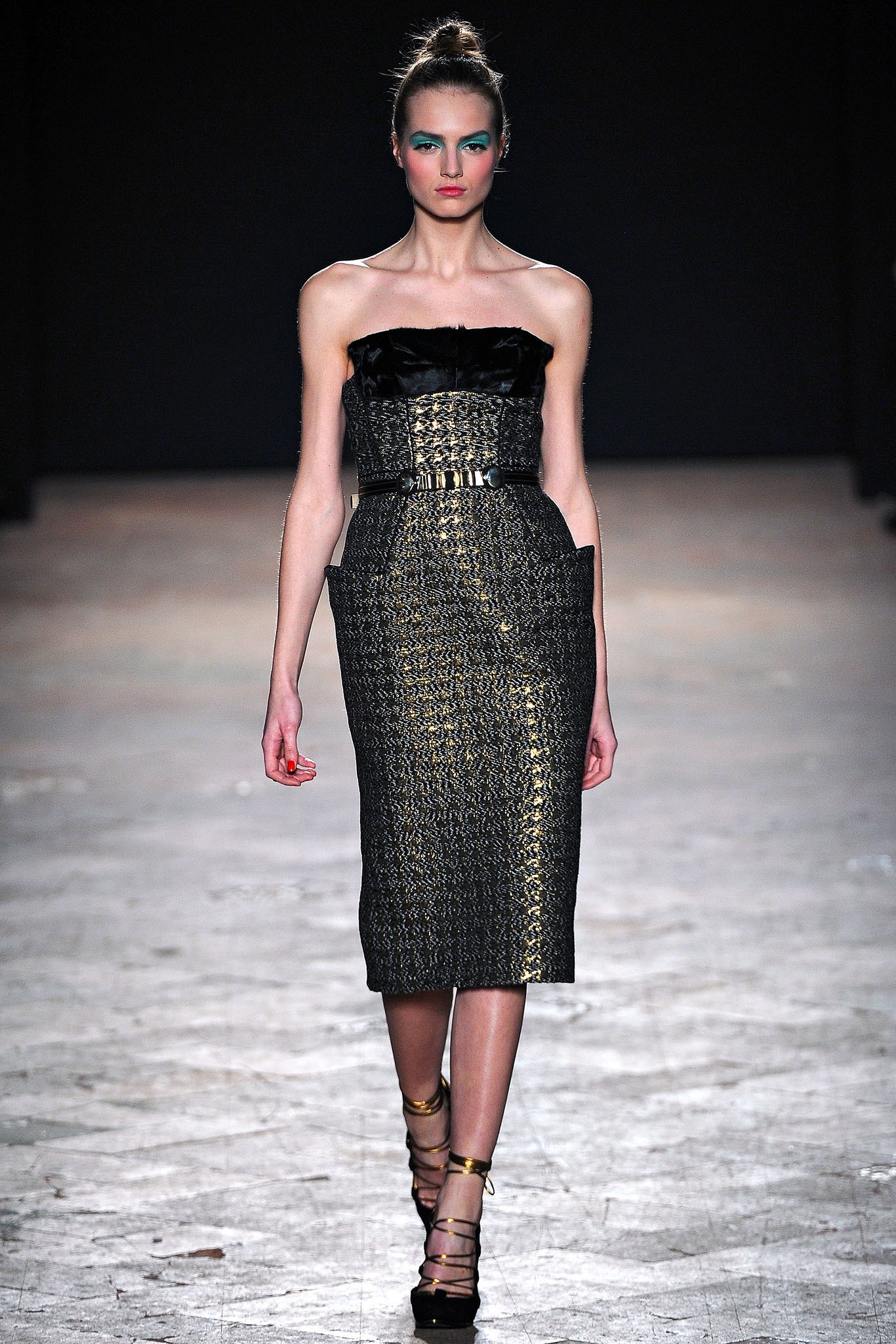 black and gold strapless midi dress