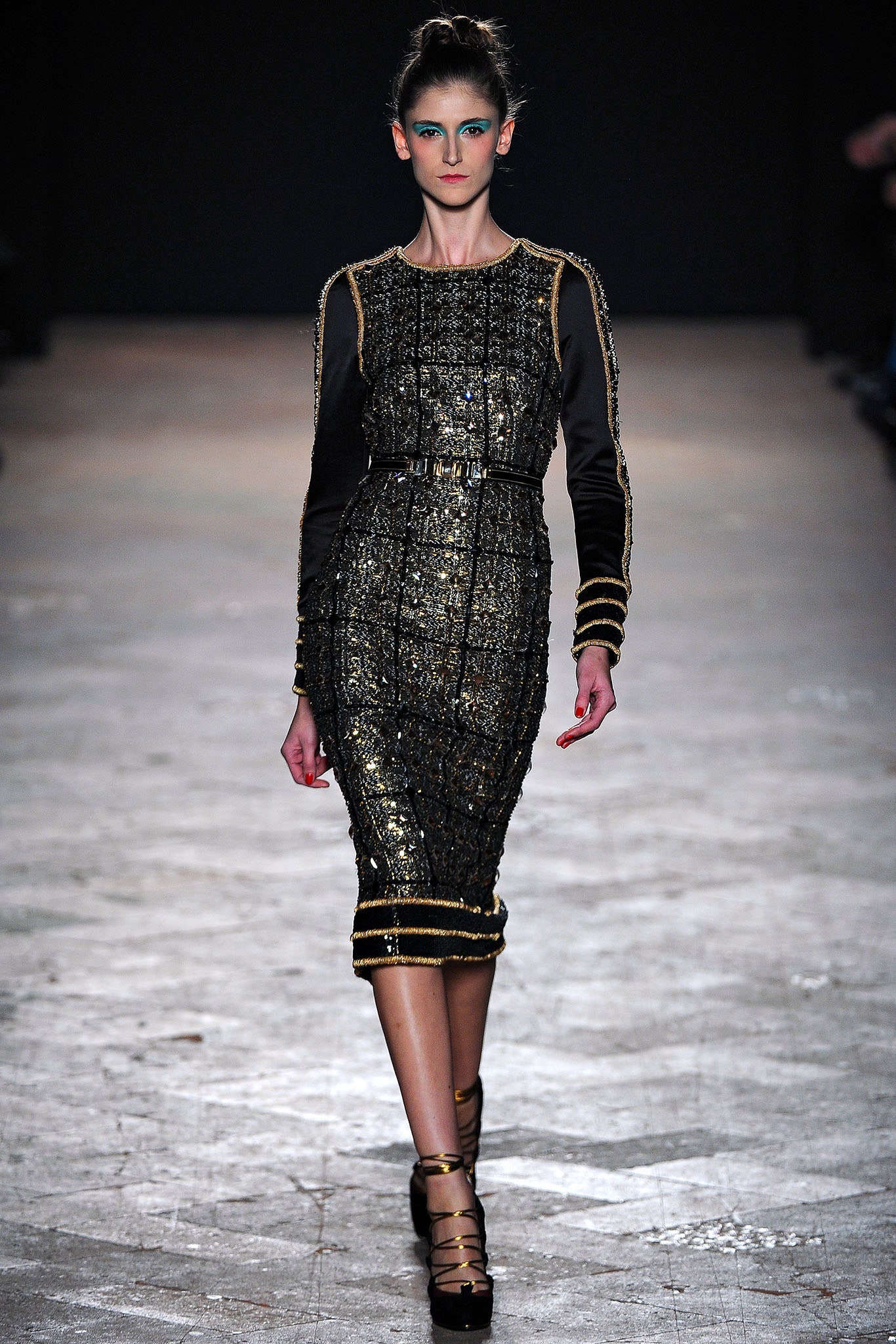 black and gold sequined midi dress