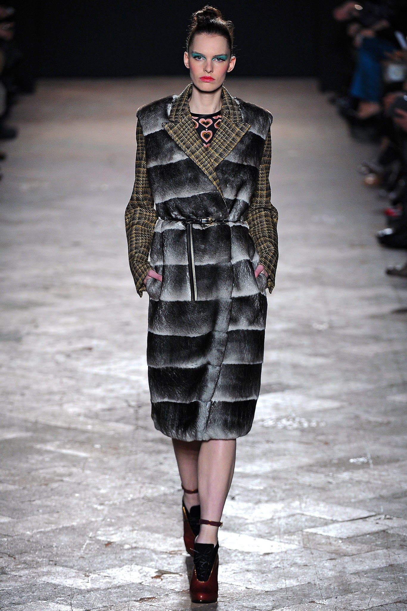 gray fur coat with tweed