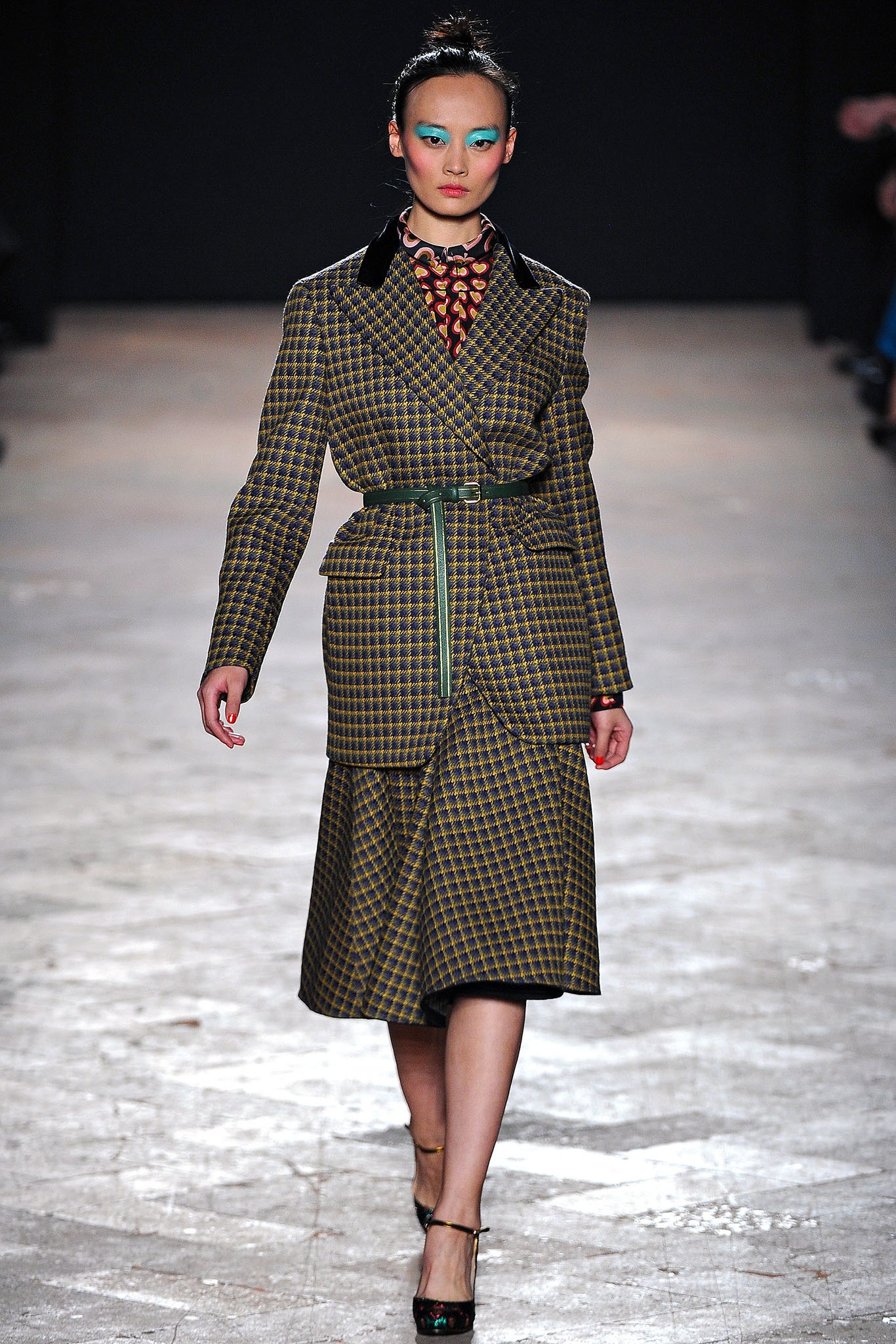 green brown checked midi dress