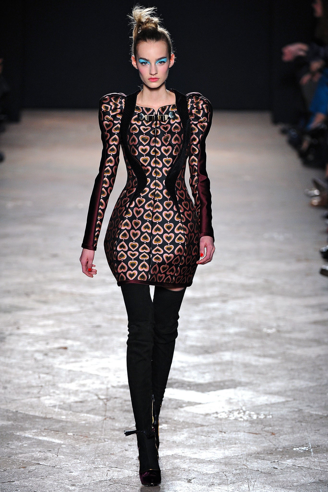 black silk long-sleeve high-neck fitted pencil printed dress