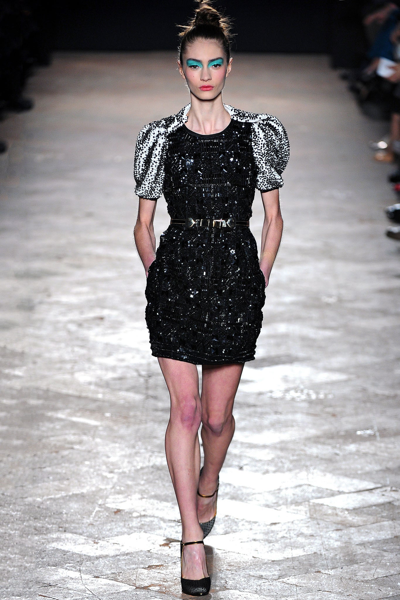 black sequin belted mini dress