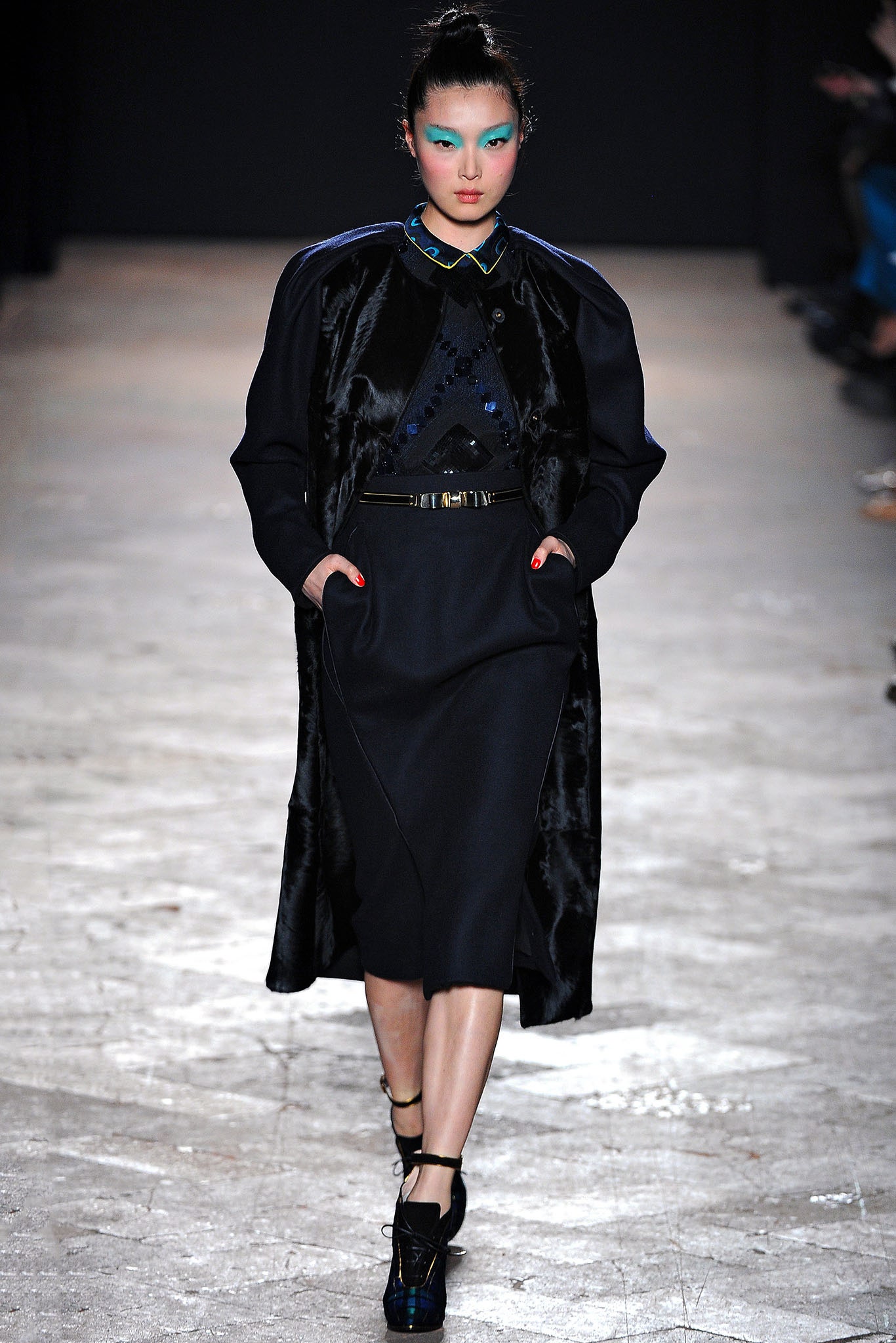 black silk long-sleeve collared fitted draped midi coat