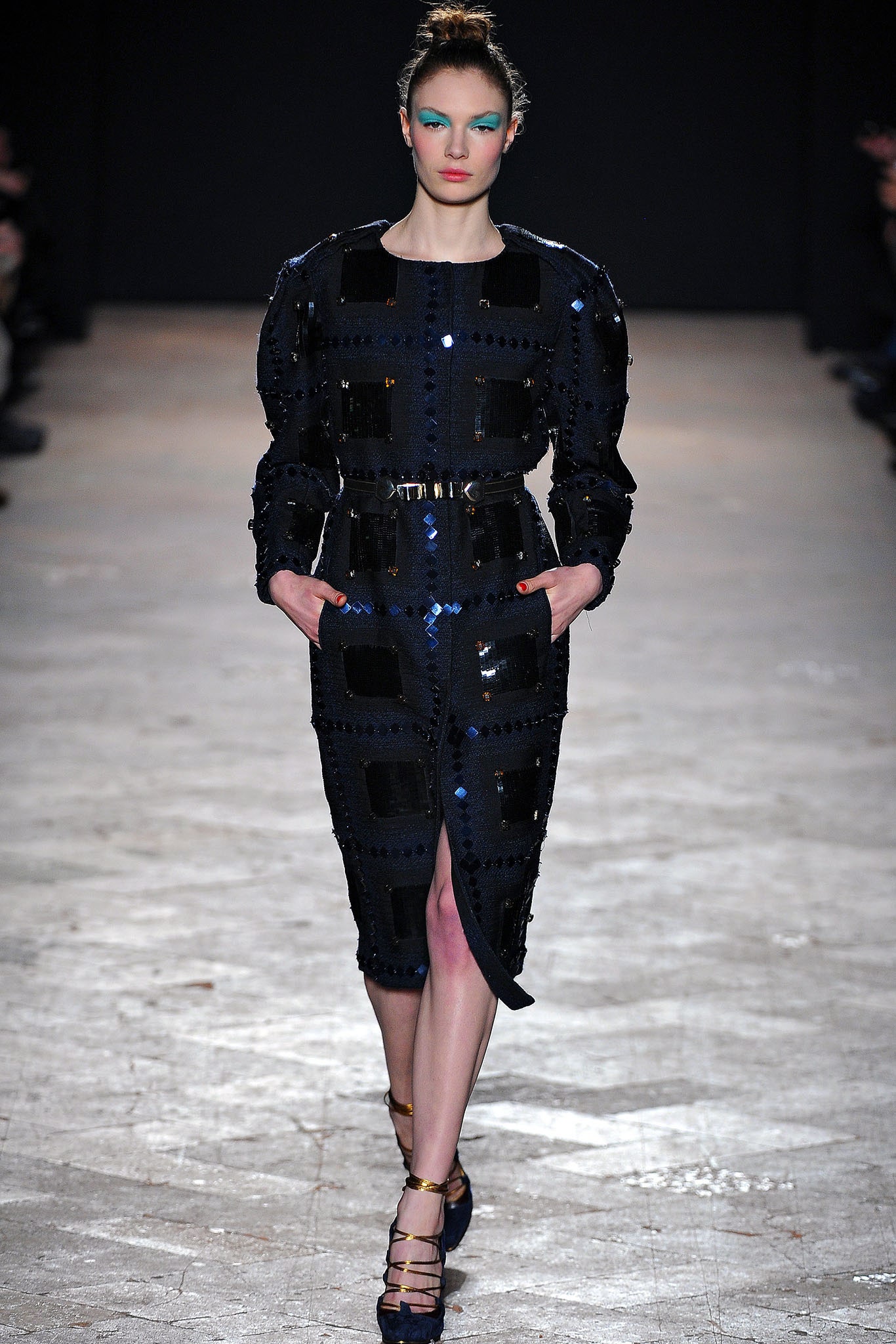 fitted black and blue midi dress