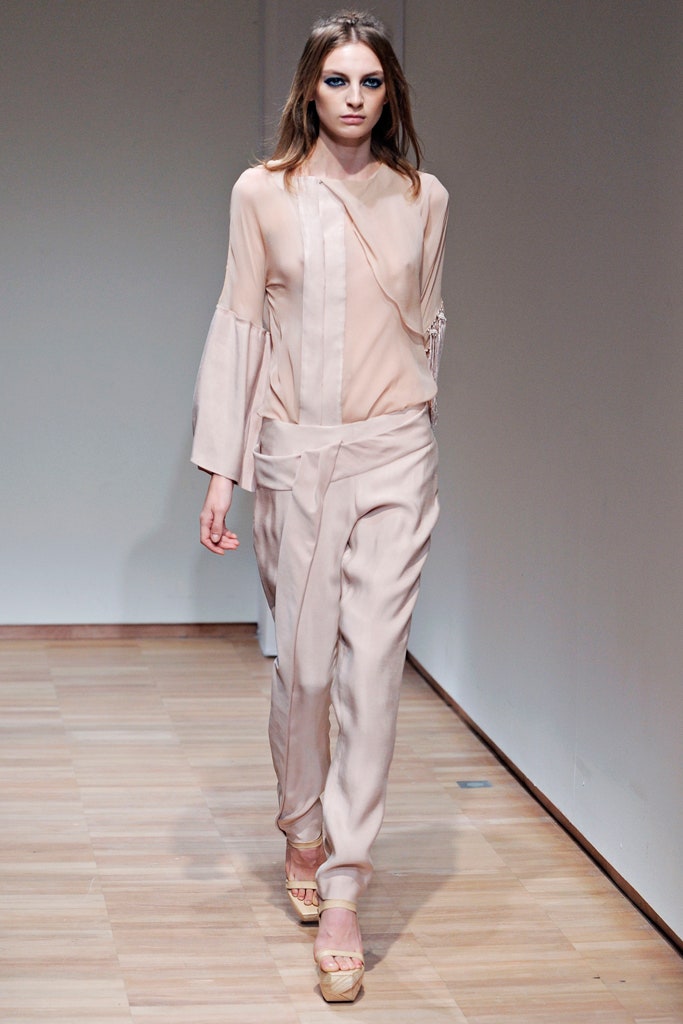 beige silk blouse and pants