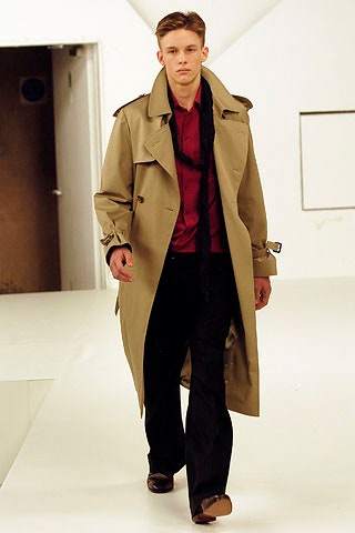beige trench coat with red shirt