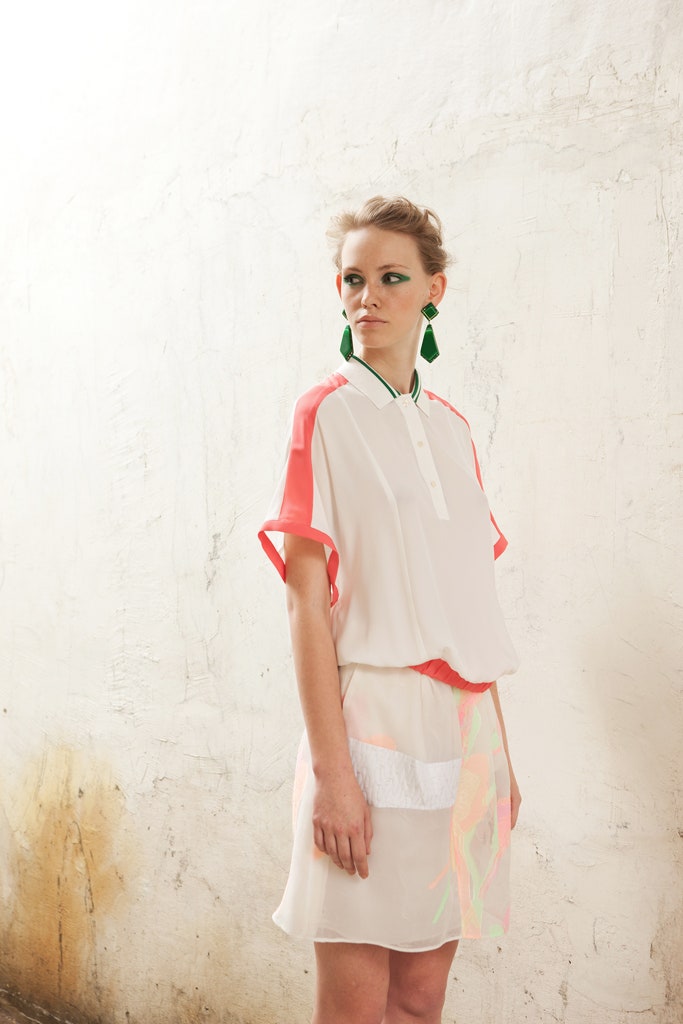 white and pink layered top with mini skirt