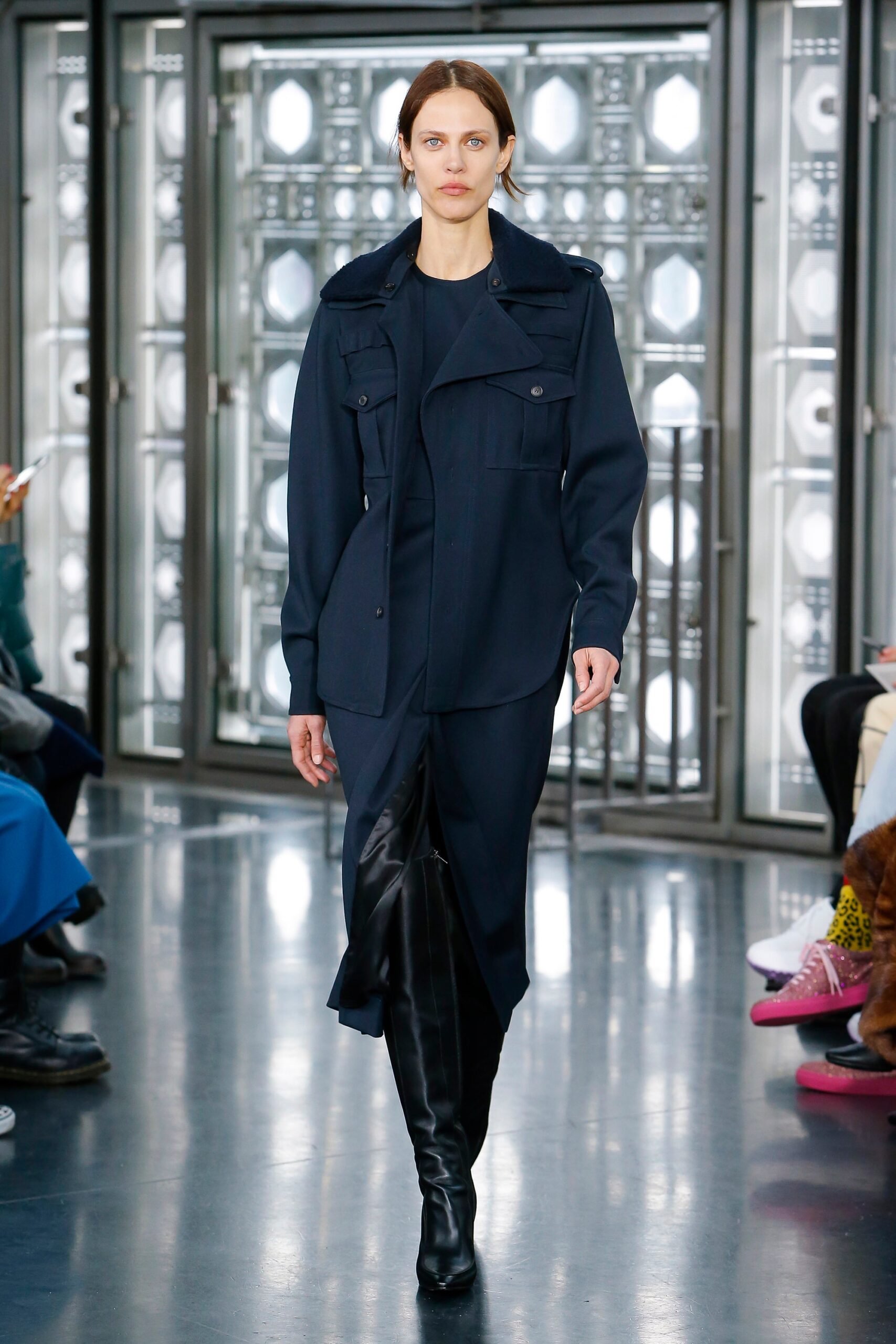 navy jacket black midi dress