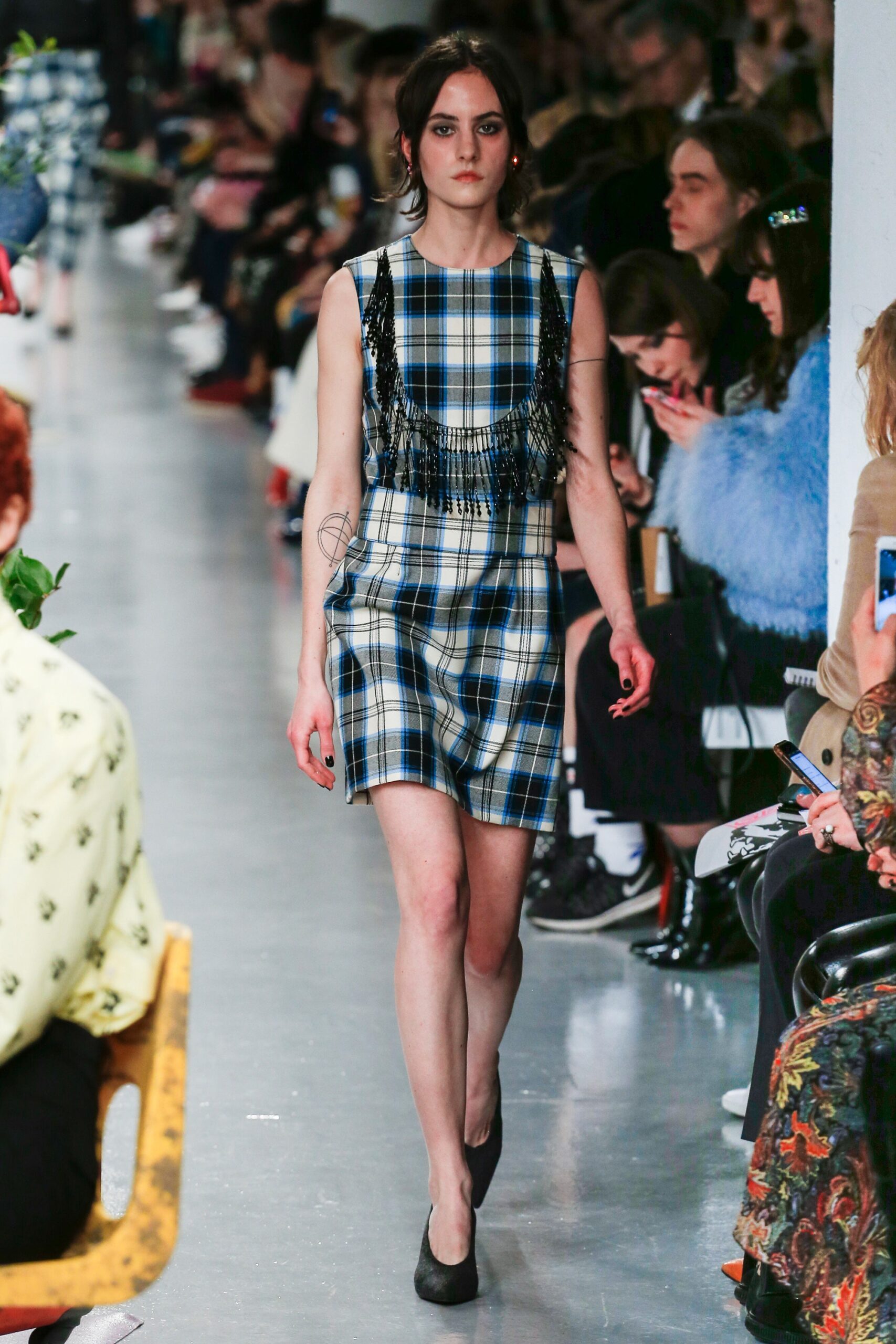 blue checked sleeveless dress