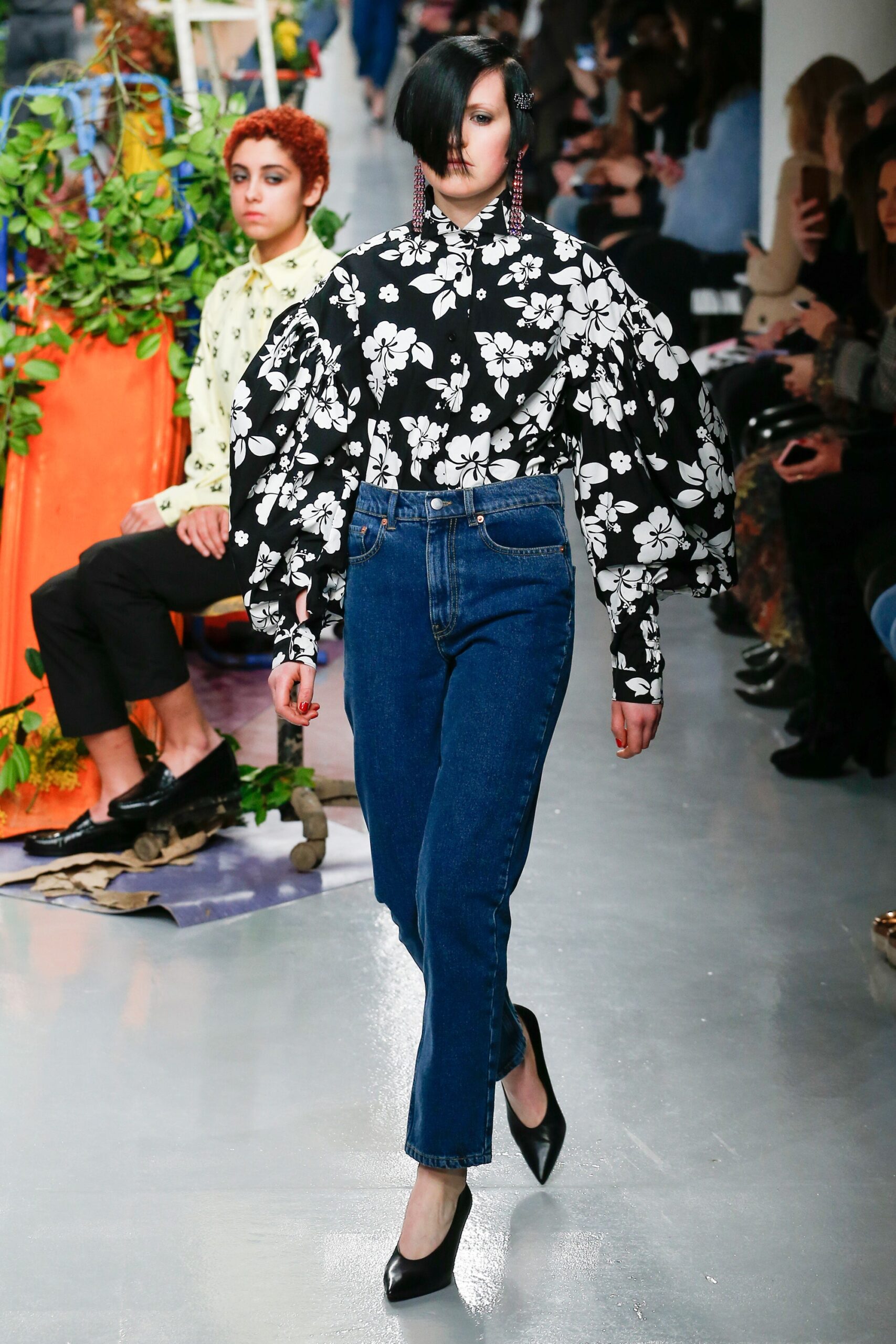 black and white floral shirt with jeans
