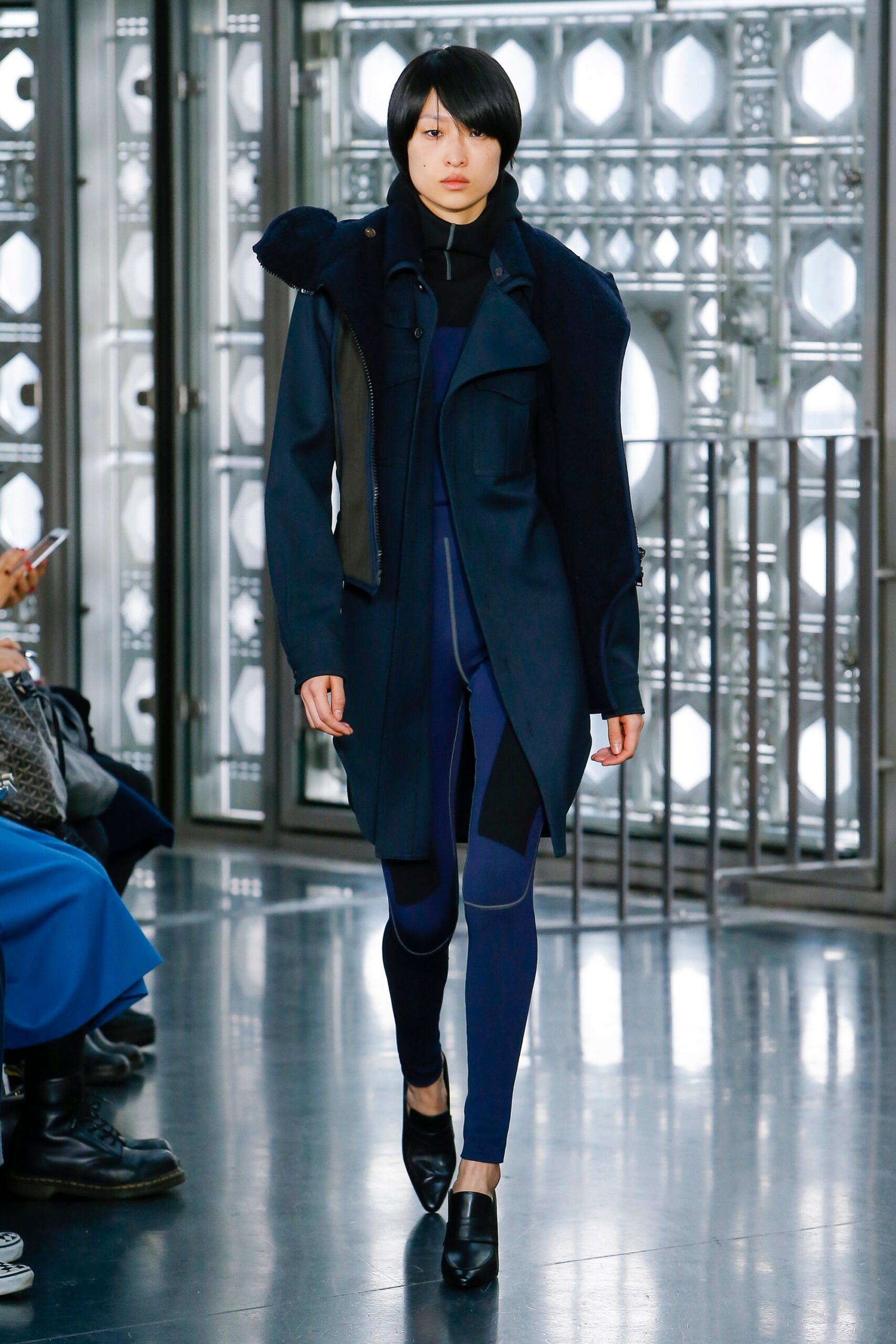 blue wool long-sleeve collared fitted zippered coat