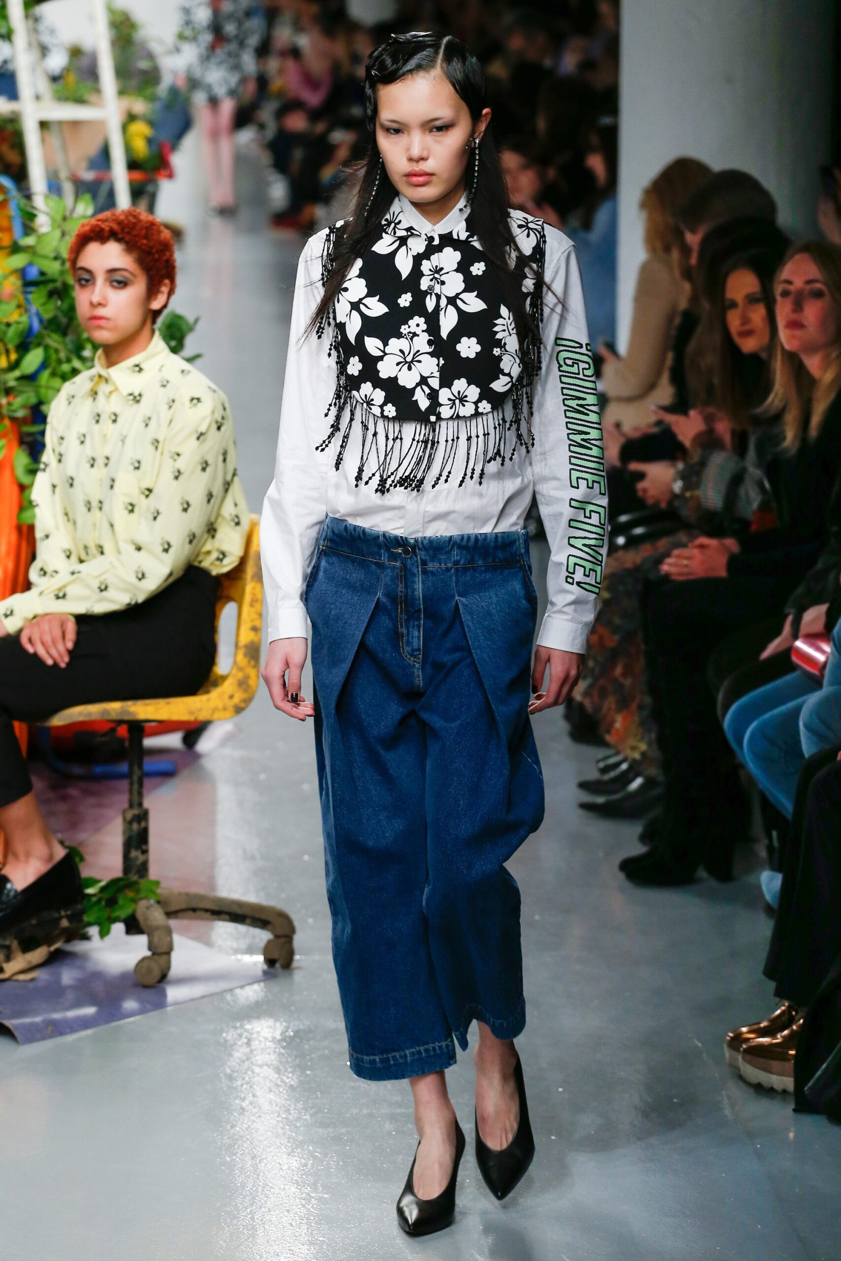 white embroidered shirt with denim pants