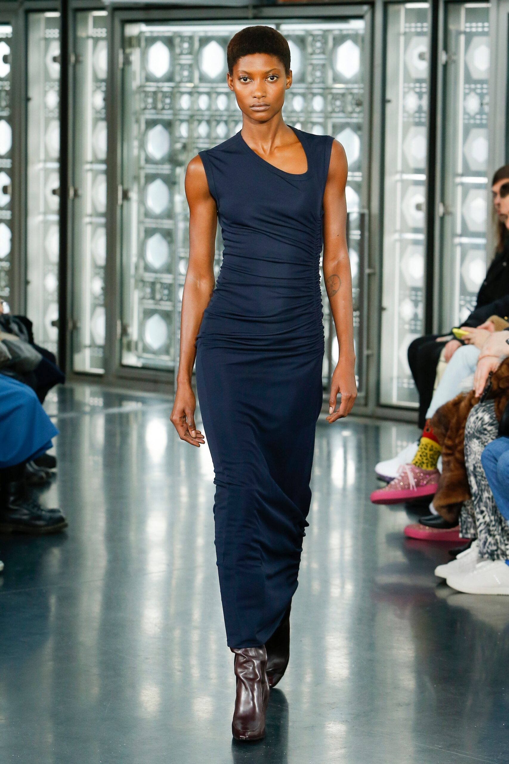 fitted blue midi dress with boots
