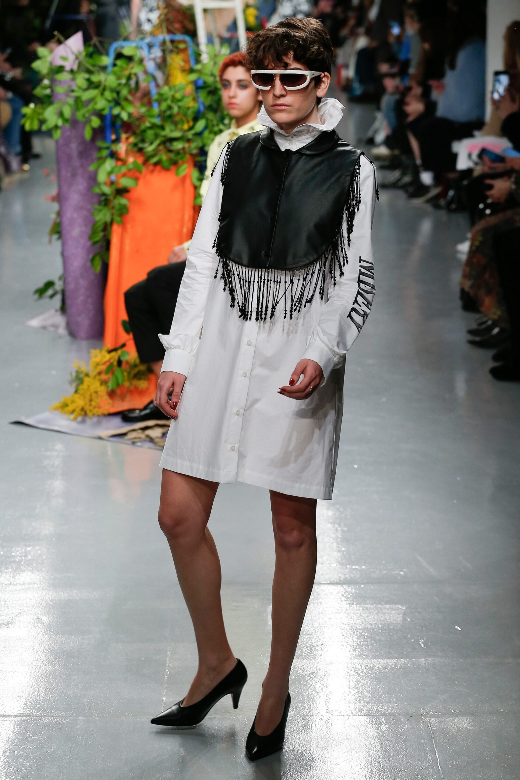 white cotton long-sleeve collared fitted buttoned fringed dress