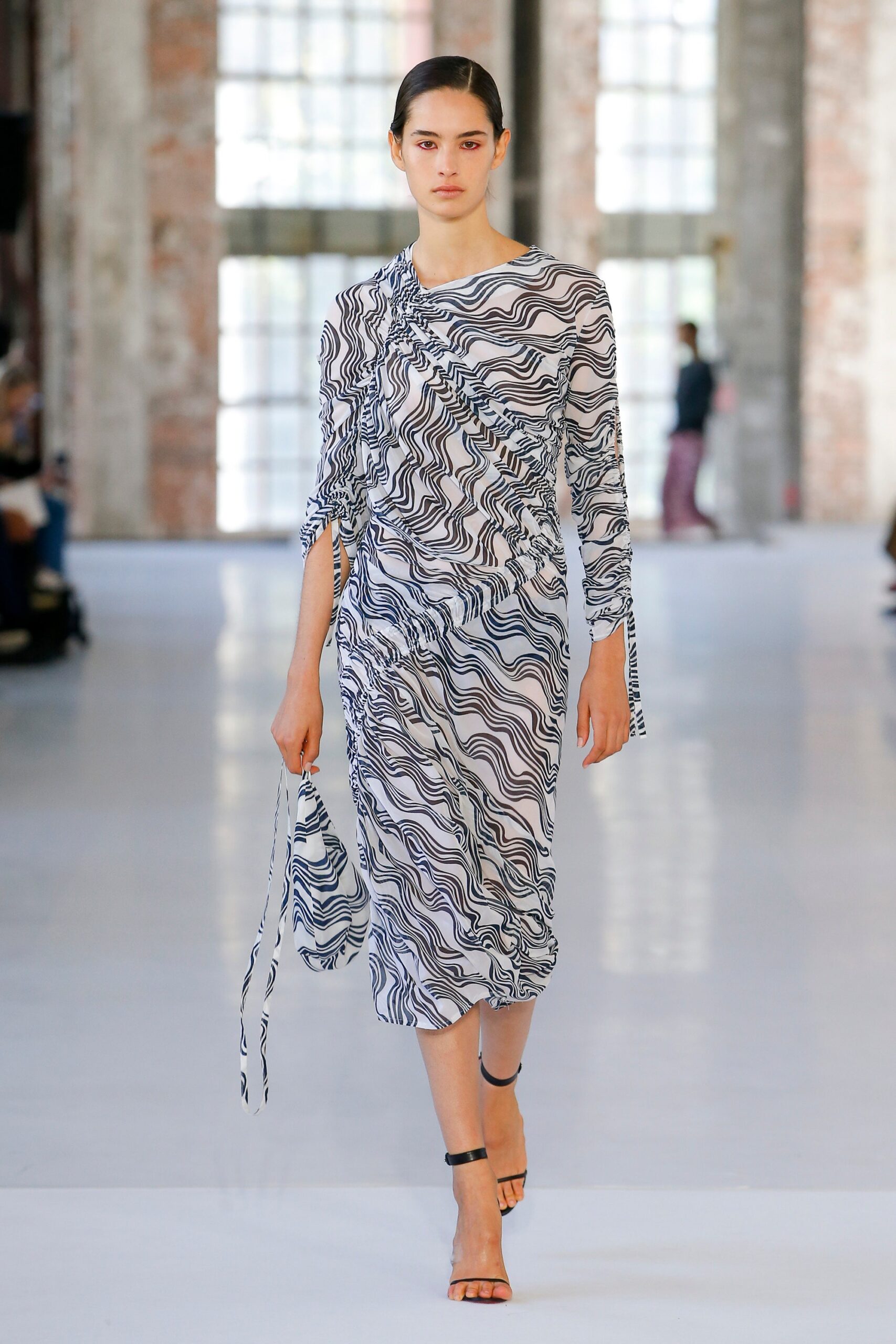 white and blue printed midi dress