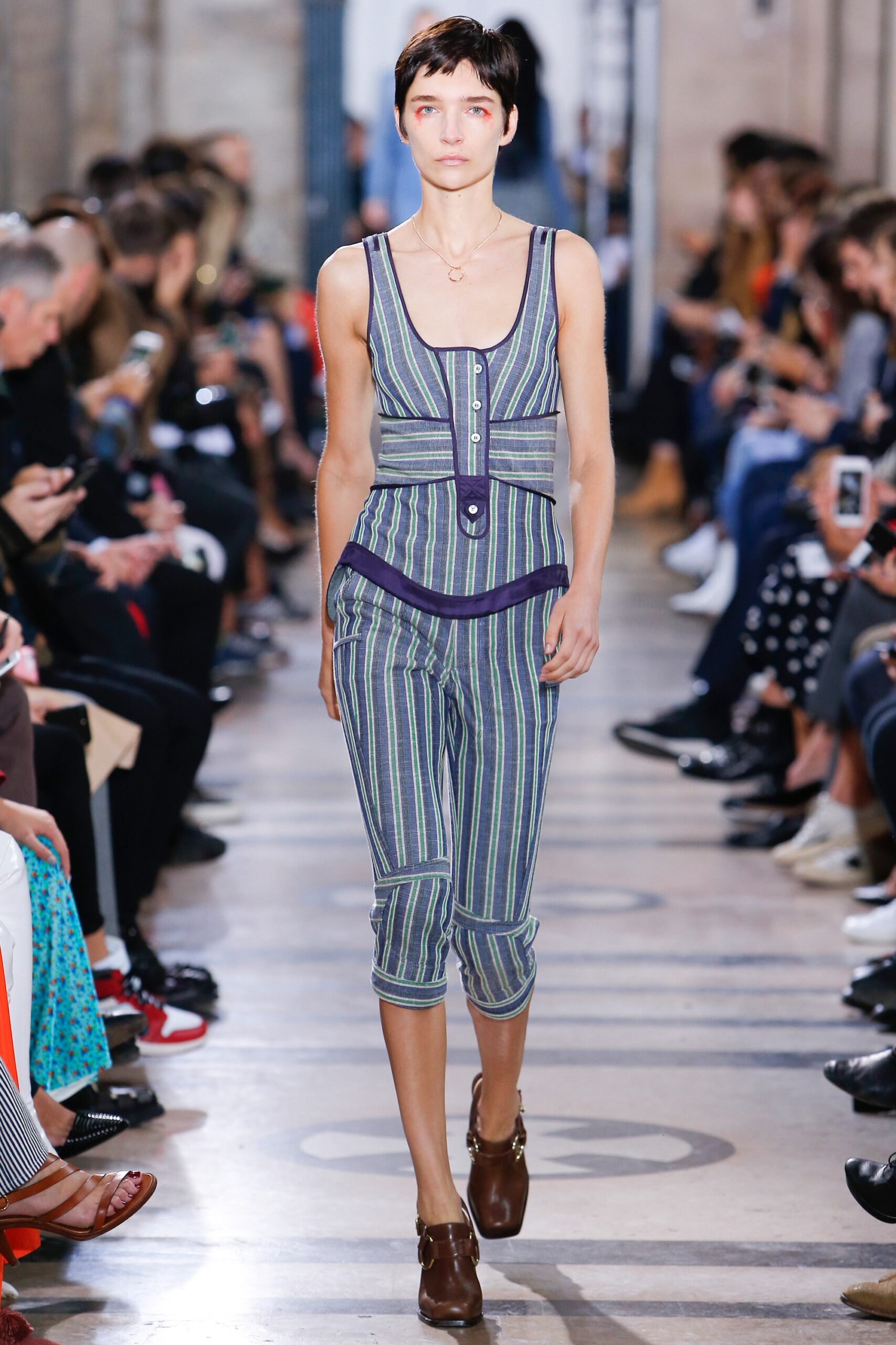 blue and green striped jumpsuit