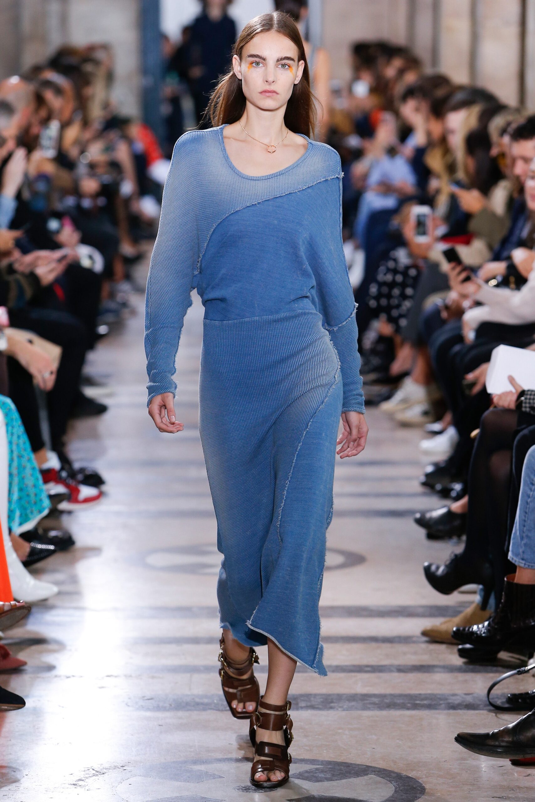 blue fitted long-sleeve dress