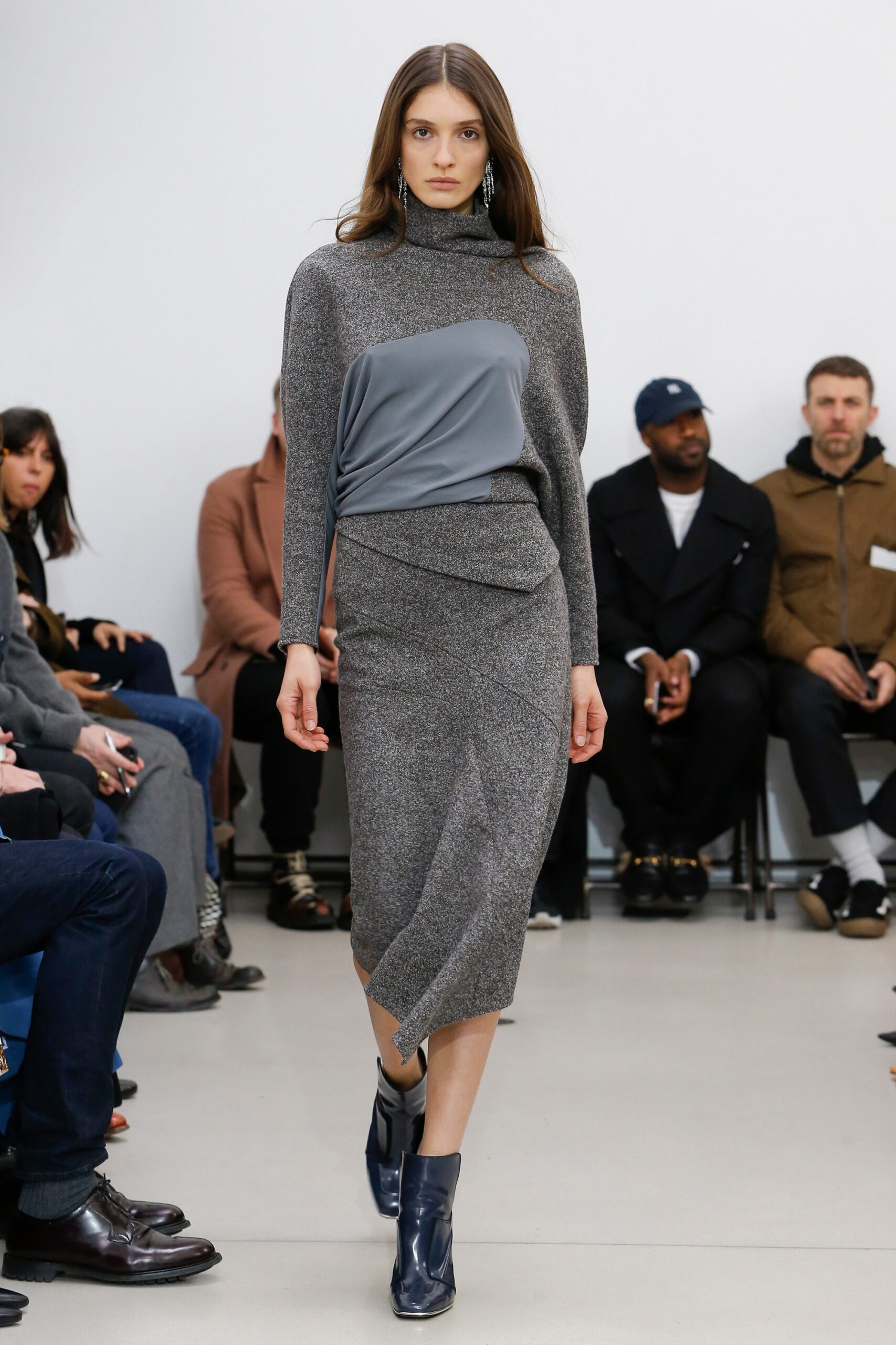 fitted gray wool midi dress