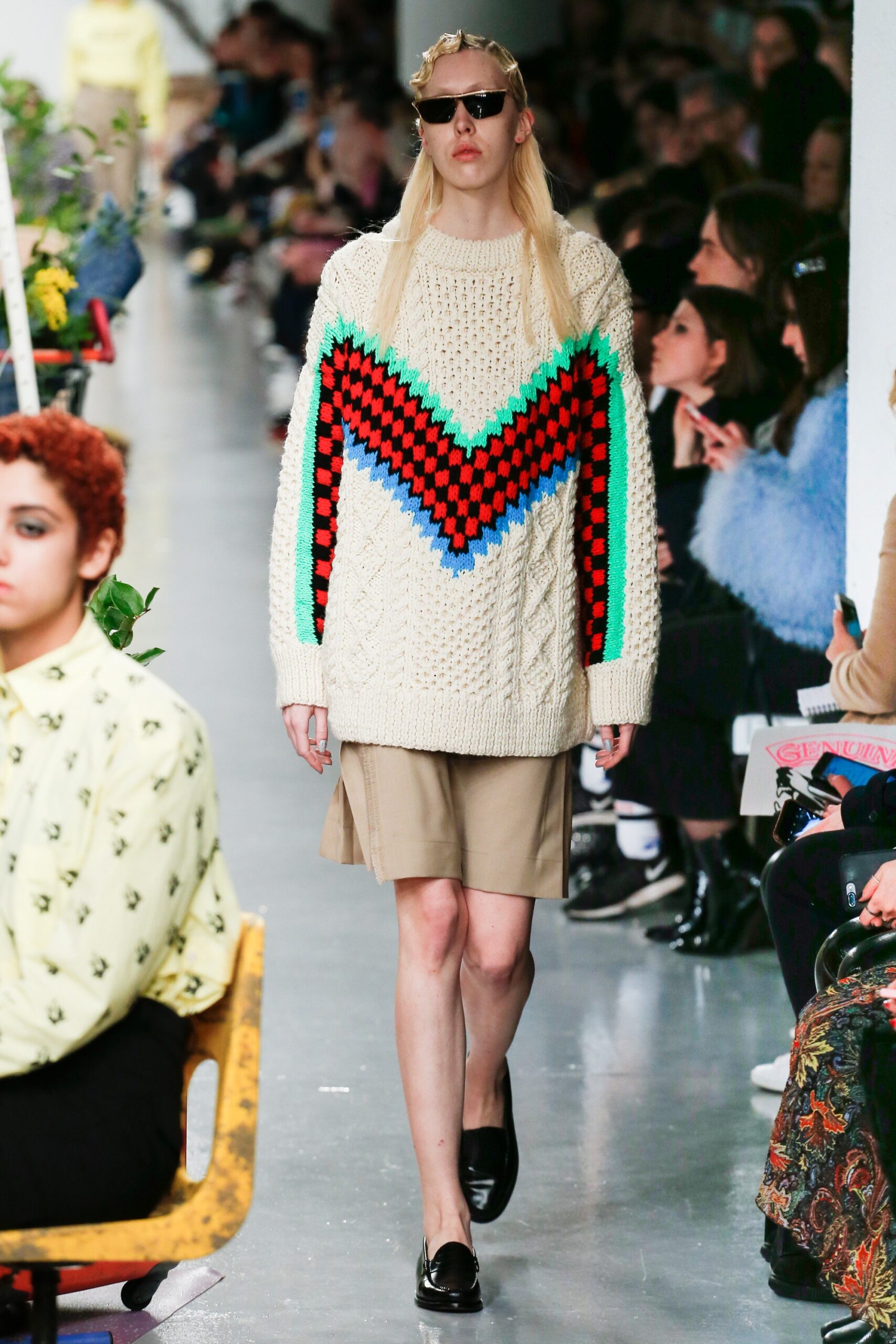 cream color-blocked sweater with beige skirt