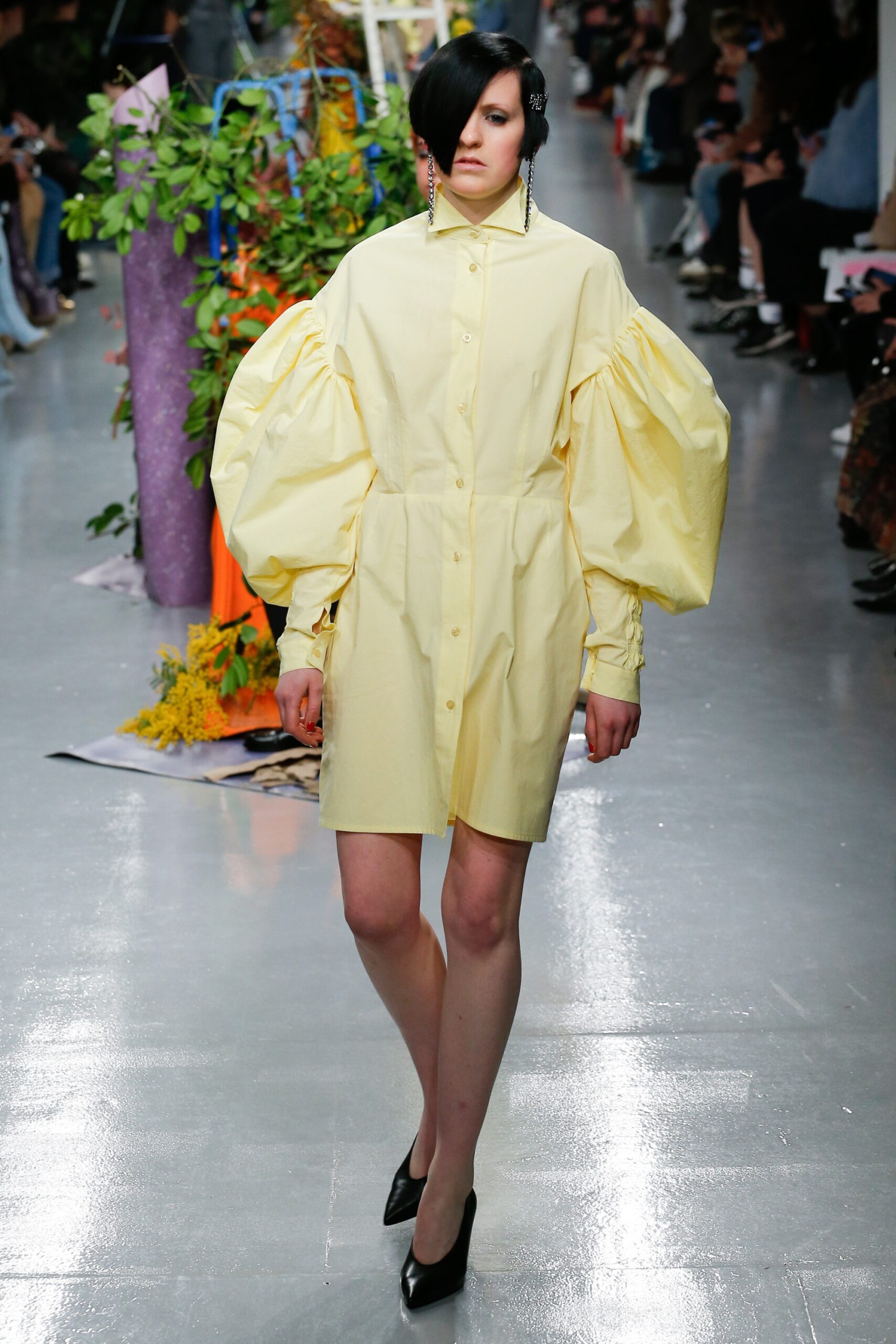 yellow cotton long-sleeve collared fitted padded buttoned shirt-dress
