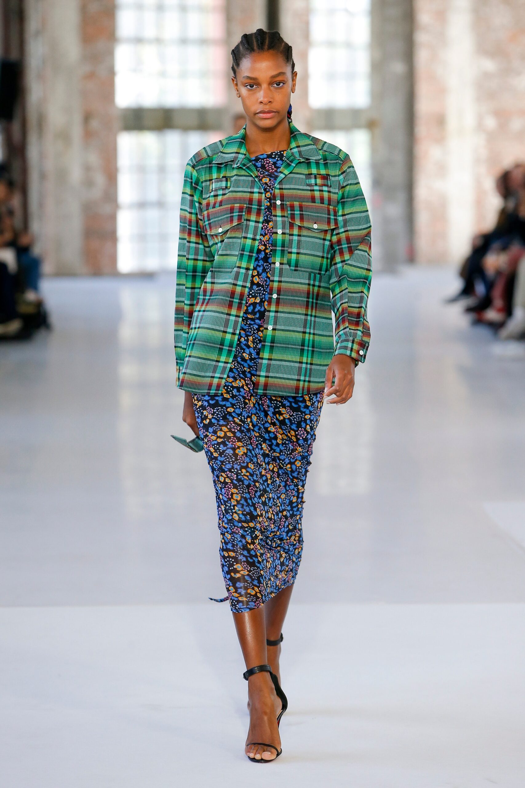 floral midi dress with checked jacket