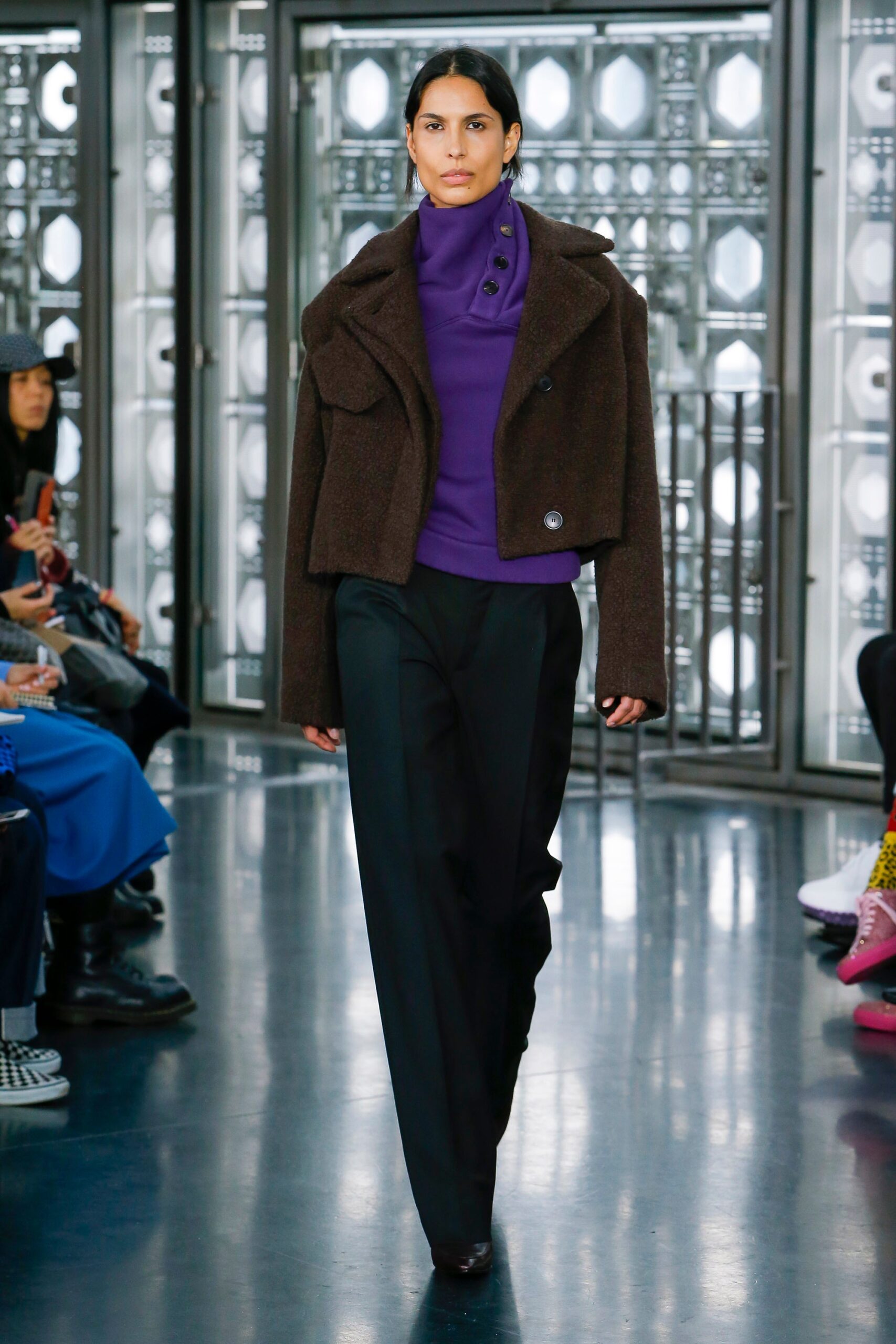 brown wool jacket with purple top