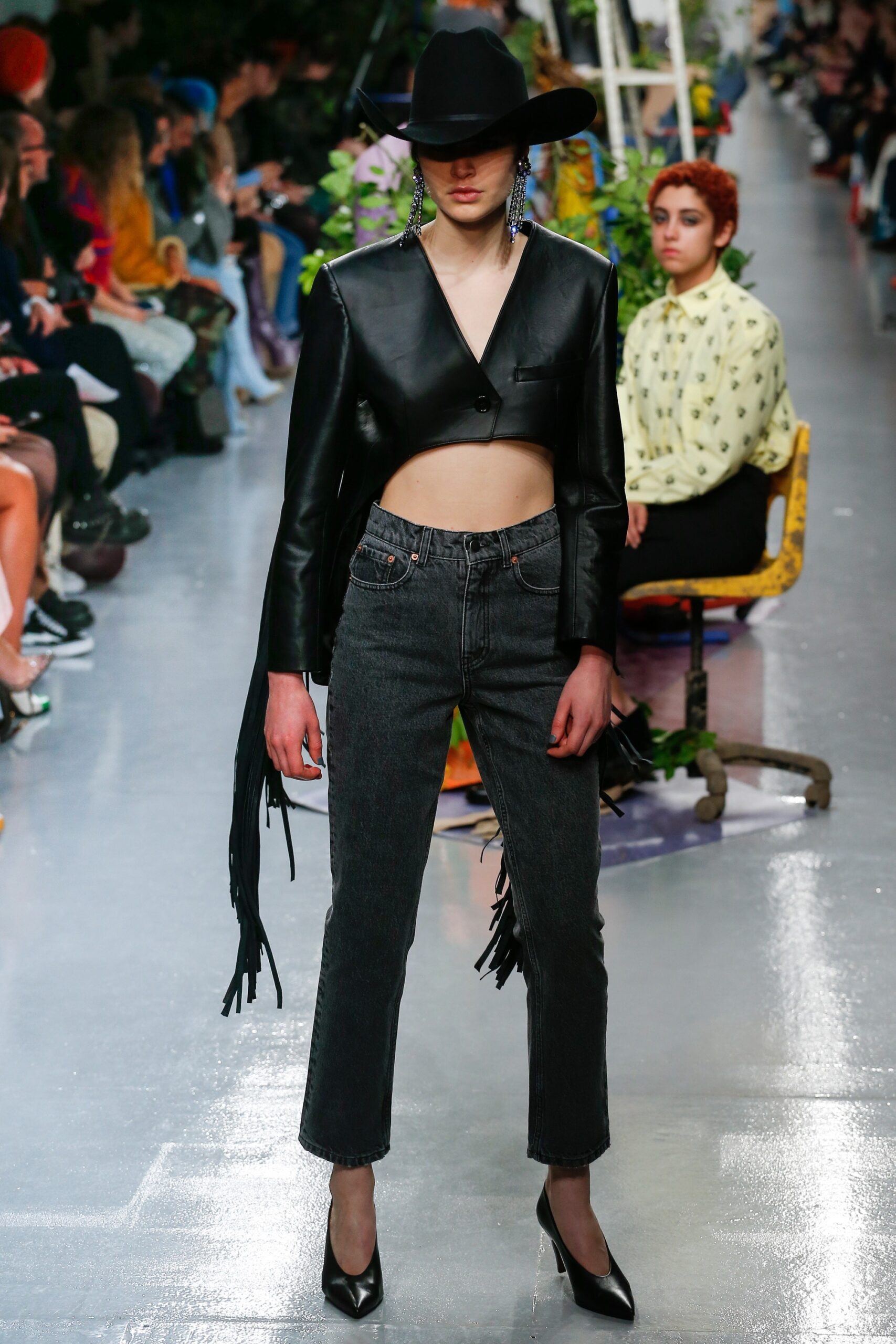 black leather fitted jacket and pants
