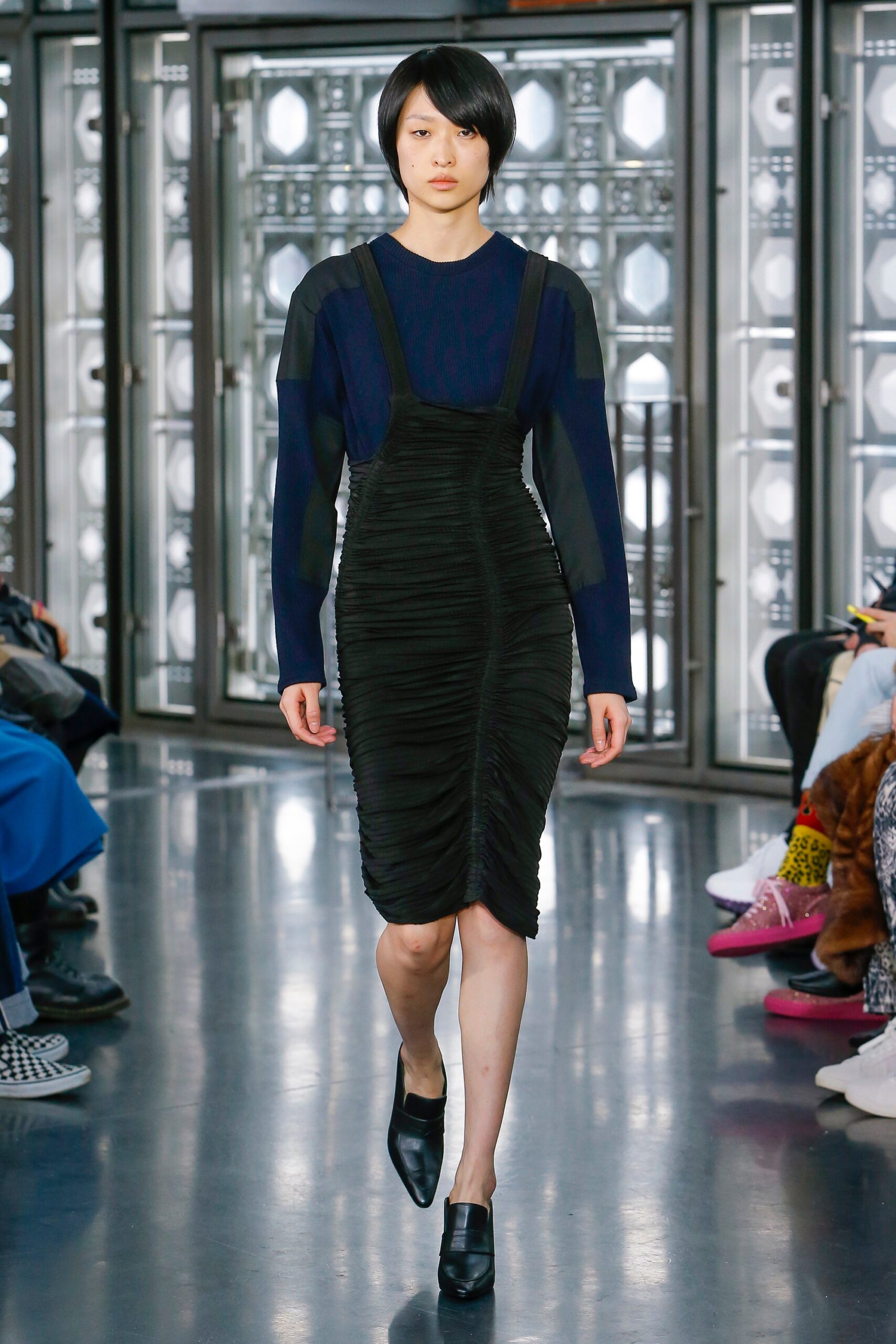 black ruched midi dress with blue top