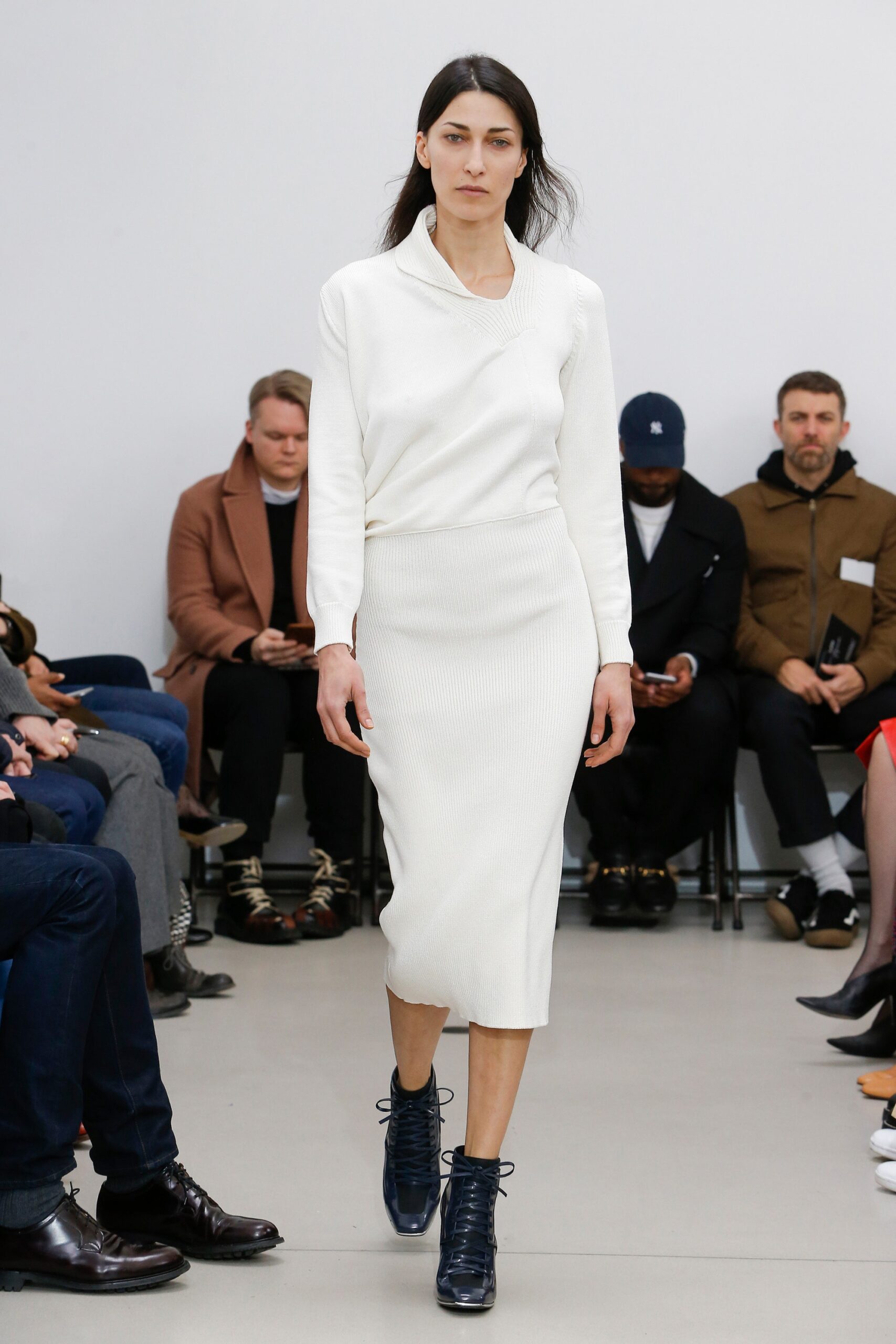 fitted white knit midi dress