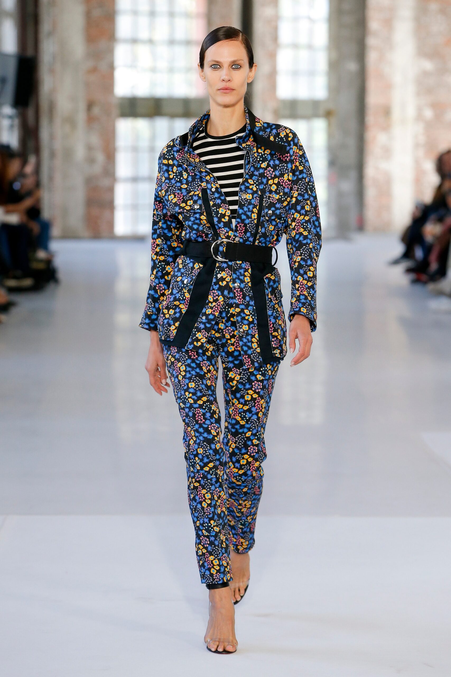 blue long-sleeve collared fitted floral buttoned jacket