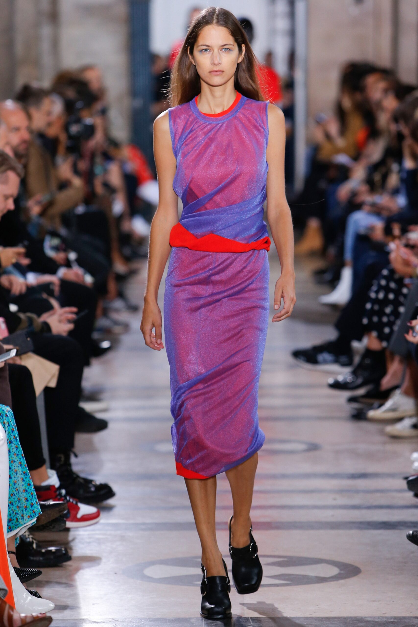 fitted purple silk midi dress