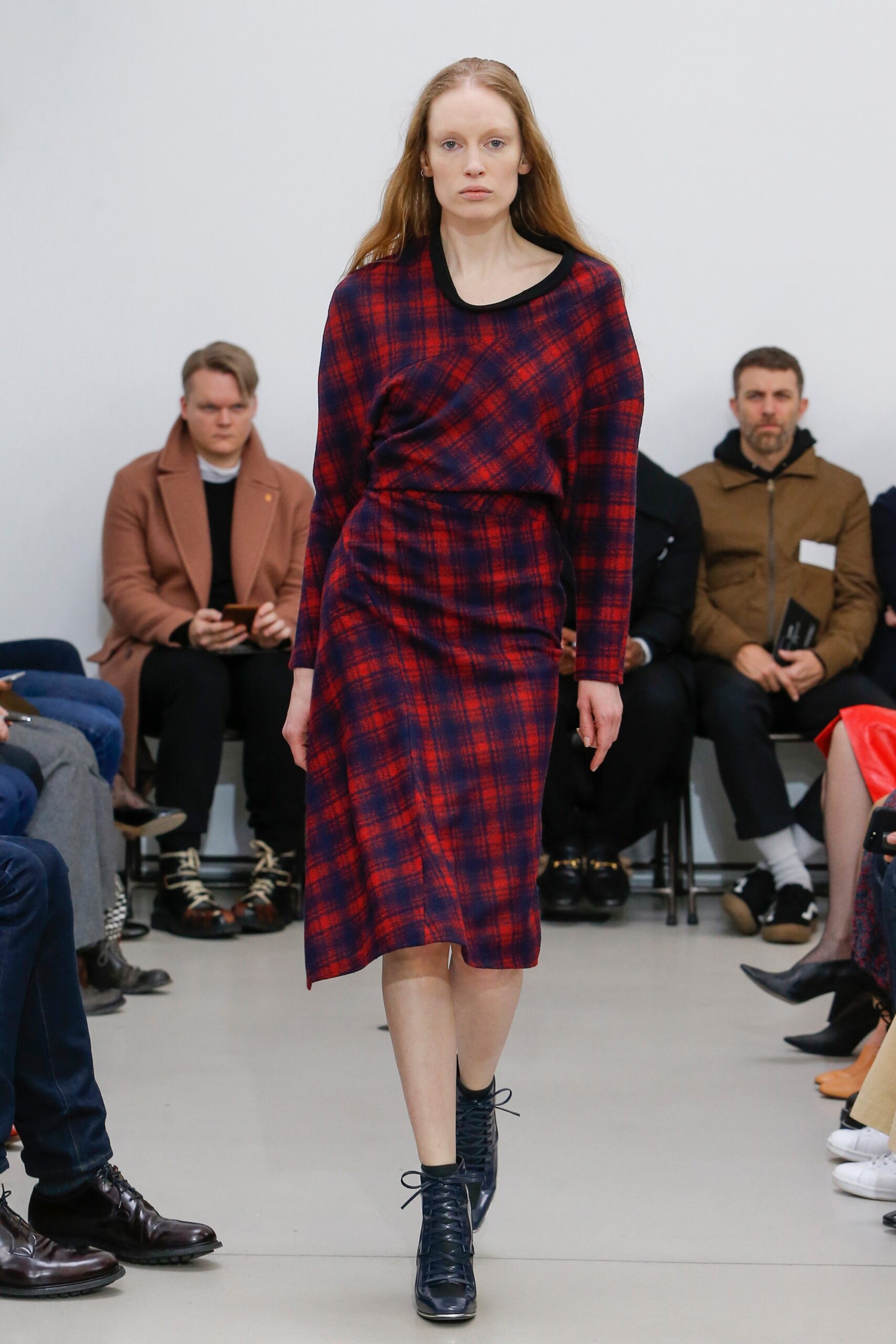 red and blue checked midi dress