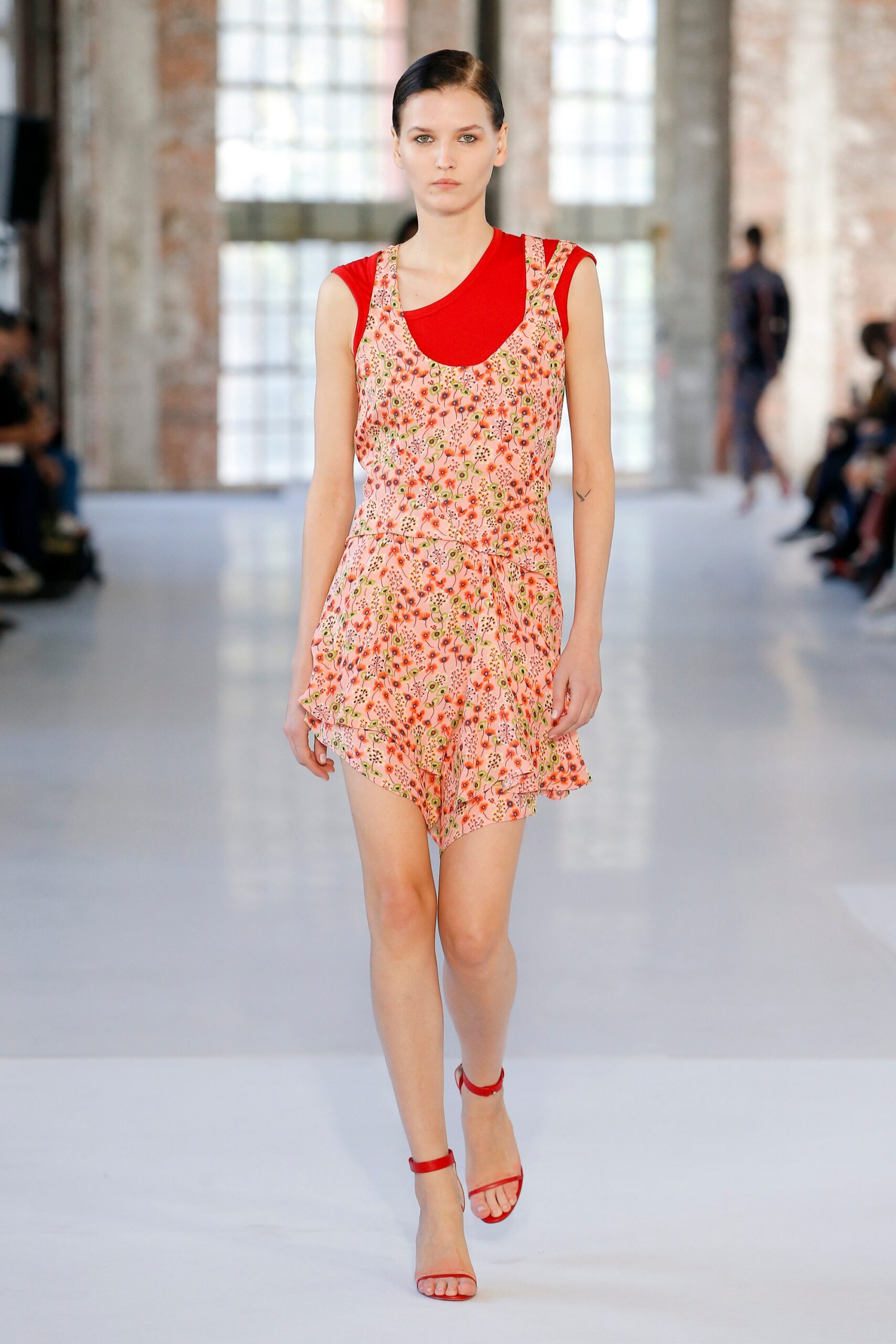 pink cotton sleeveless v-neck fitted floral tiered dress
