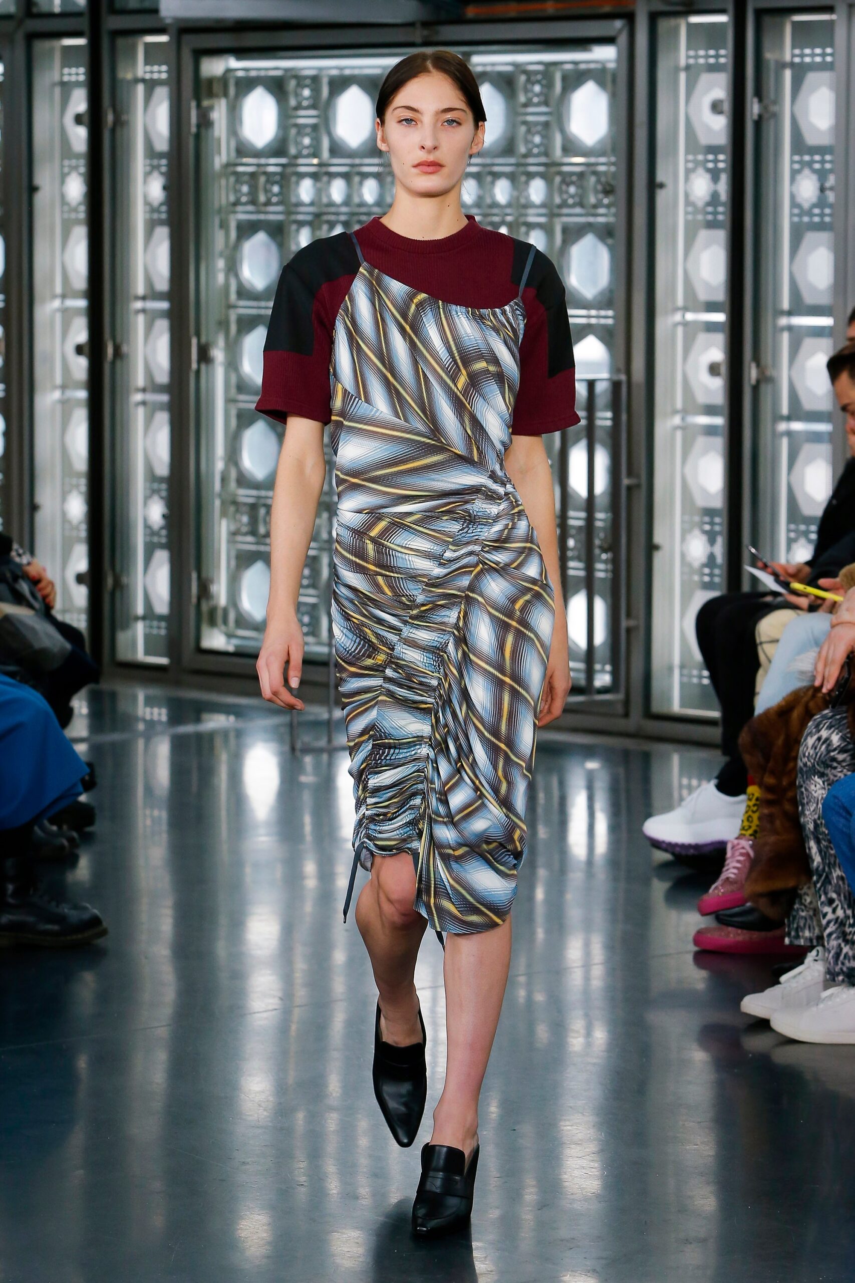 blue and red ruched midi dress