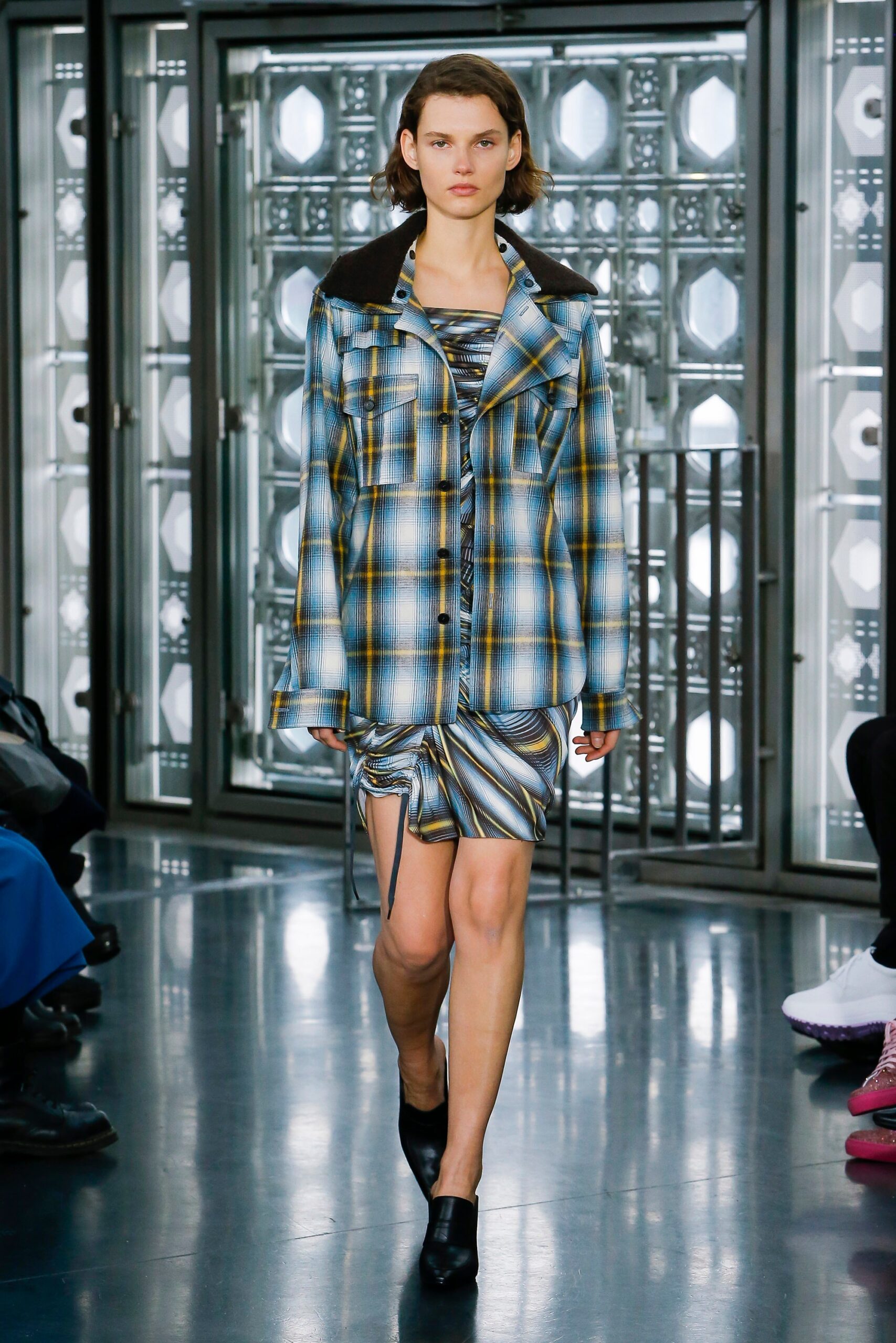 checked jacket with multi-colored dress