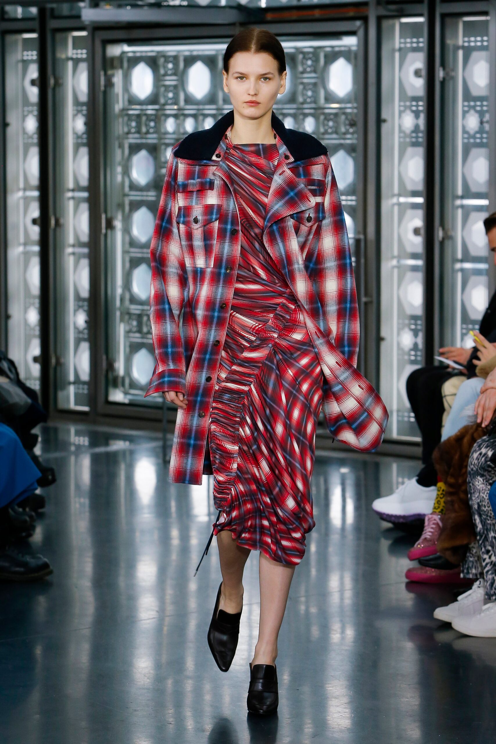 checked coat and ruched dress