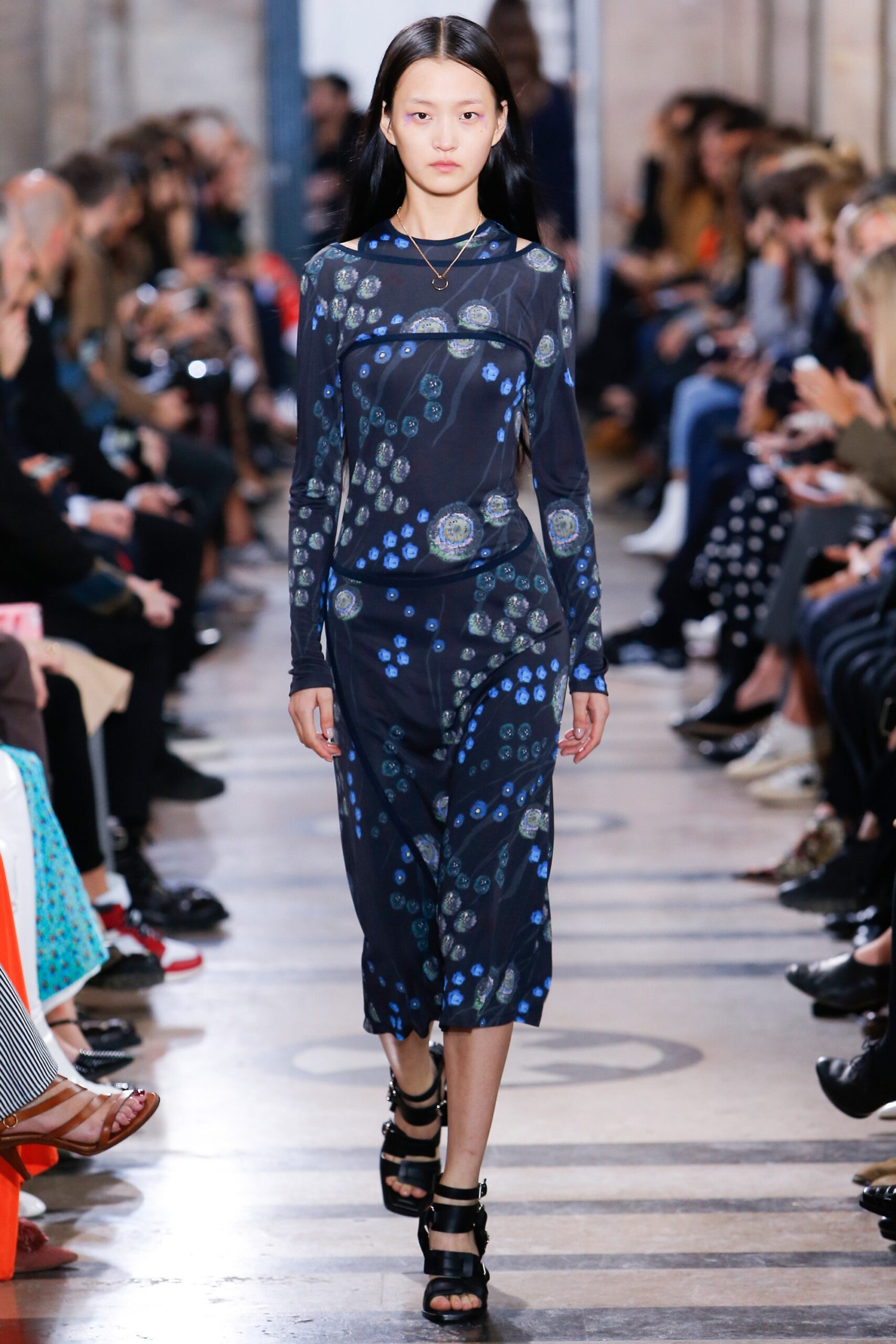 black and blue printed midi dress