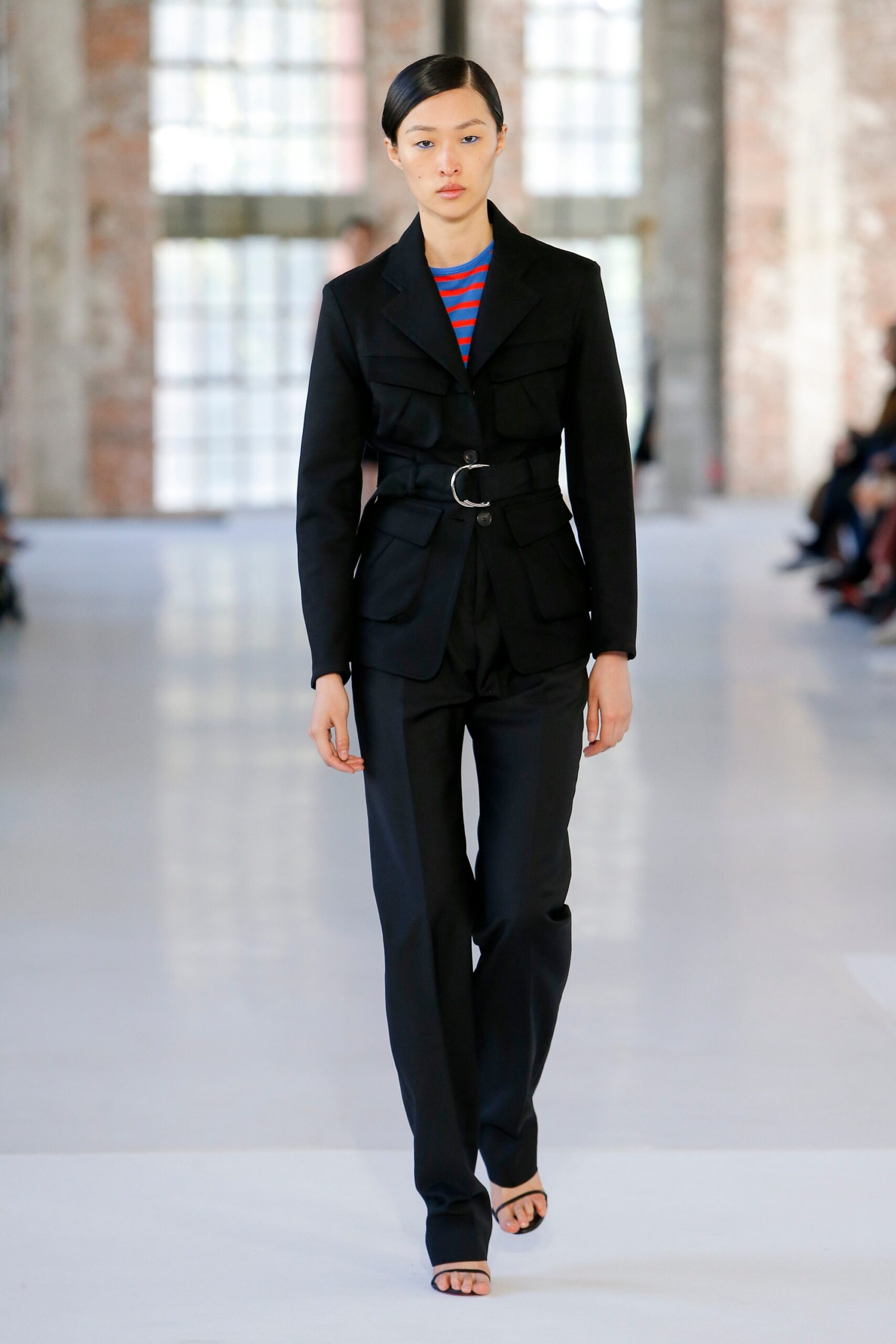 black tailored blazer with striped top
