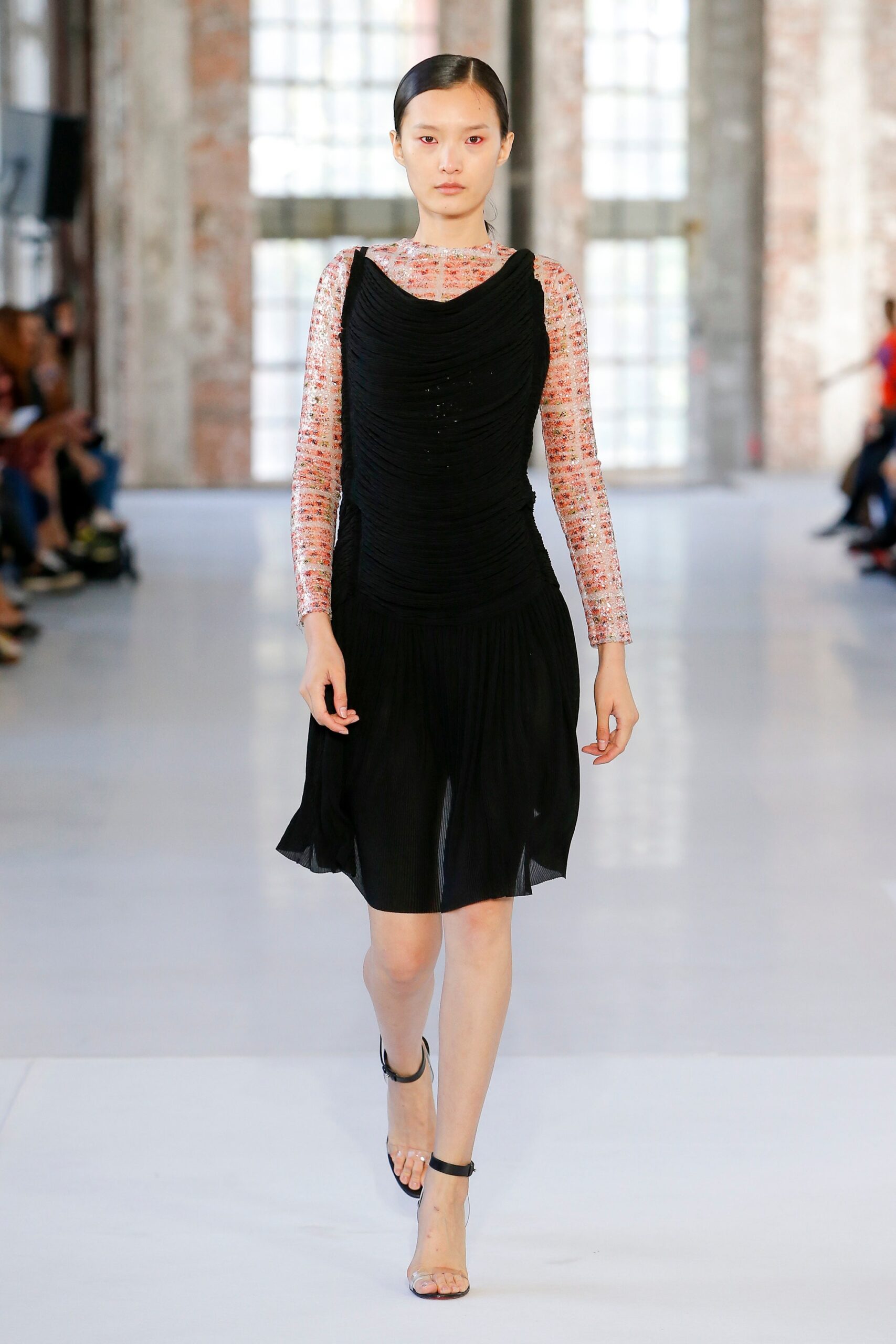 black draped midi dress and printed top