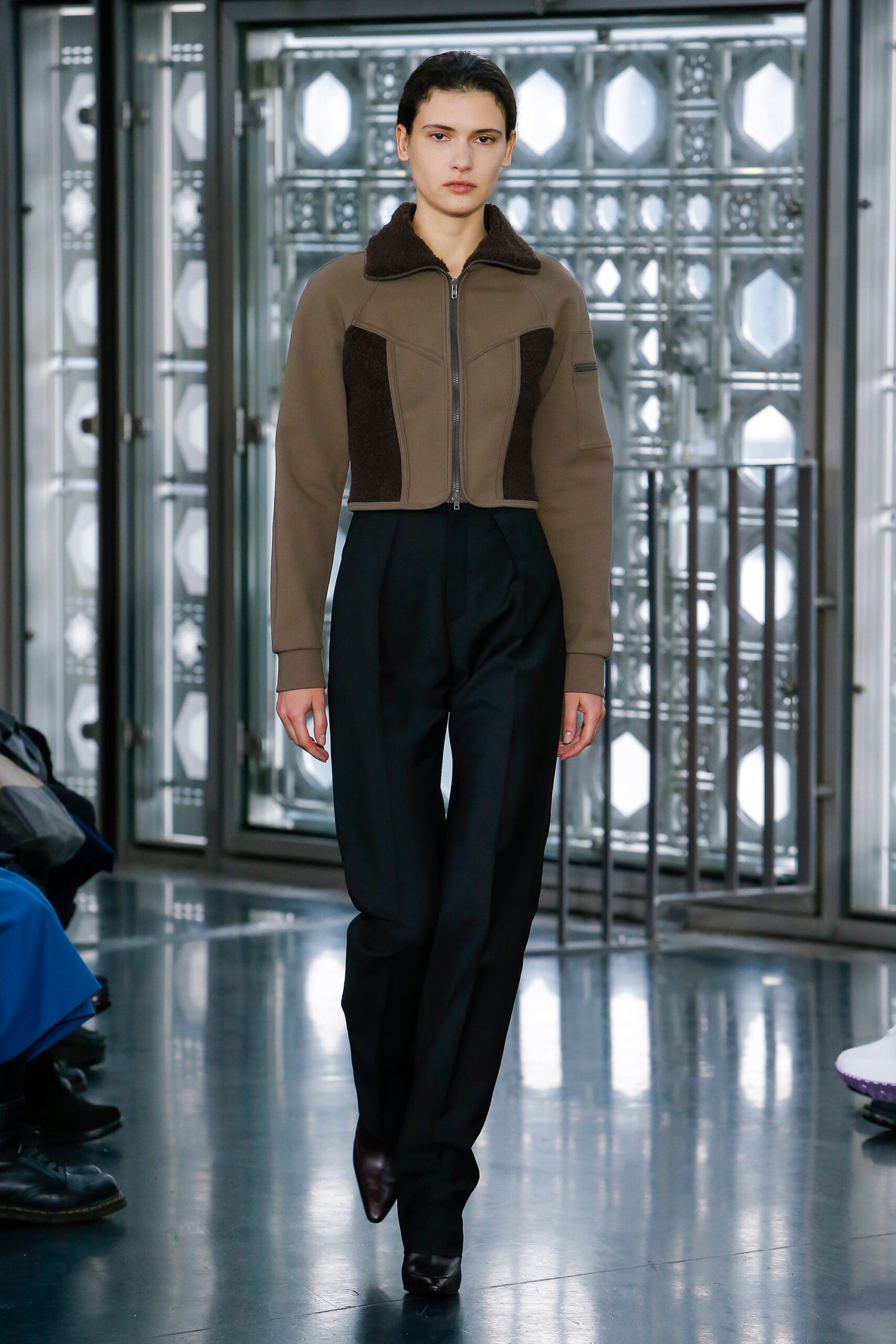 brown cotton long-sleeve collared fitted structured zippered jacket