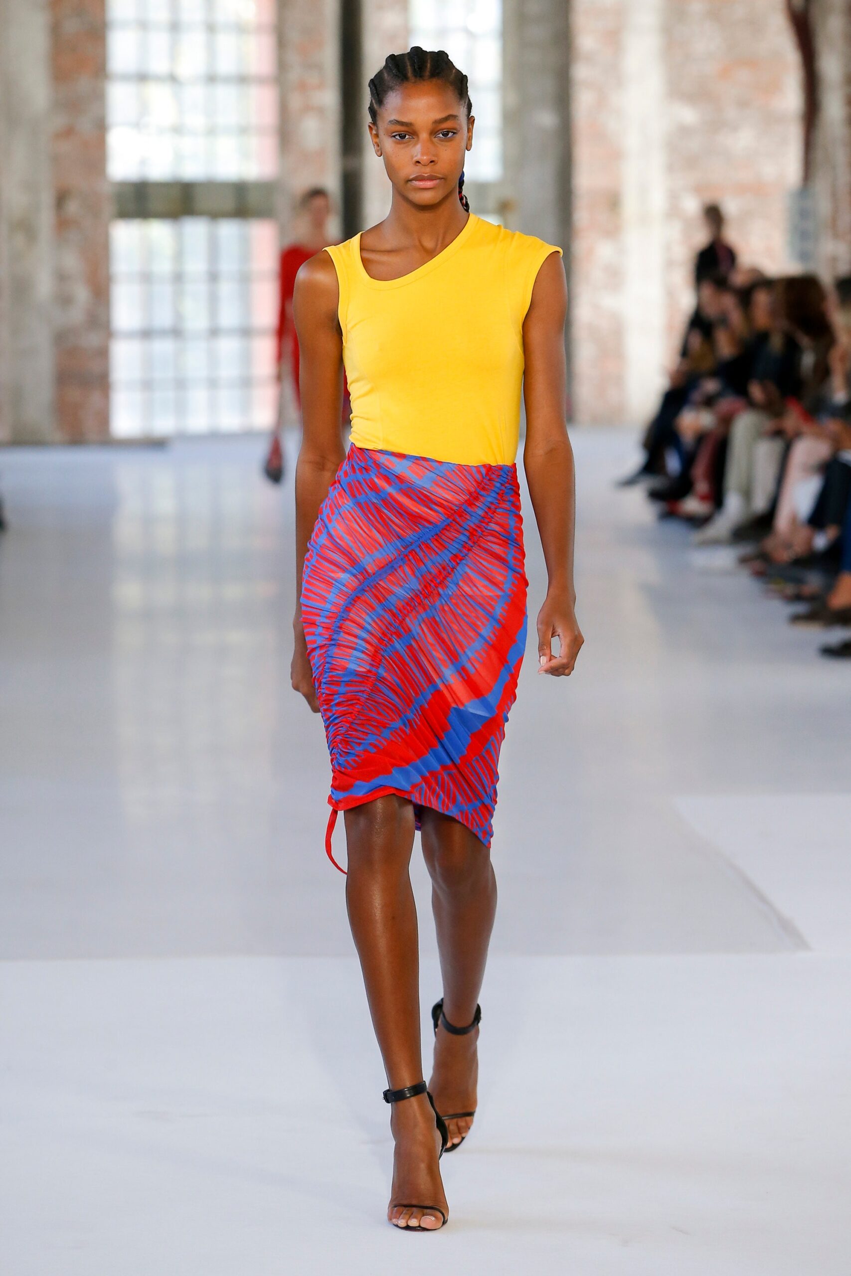 red fitted ruched skirt